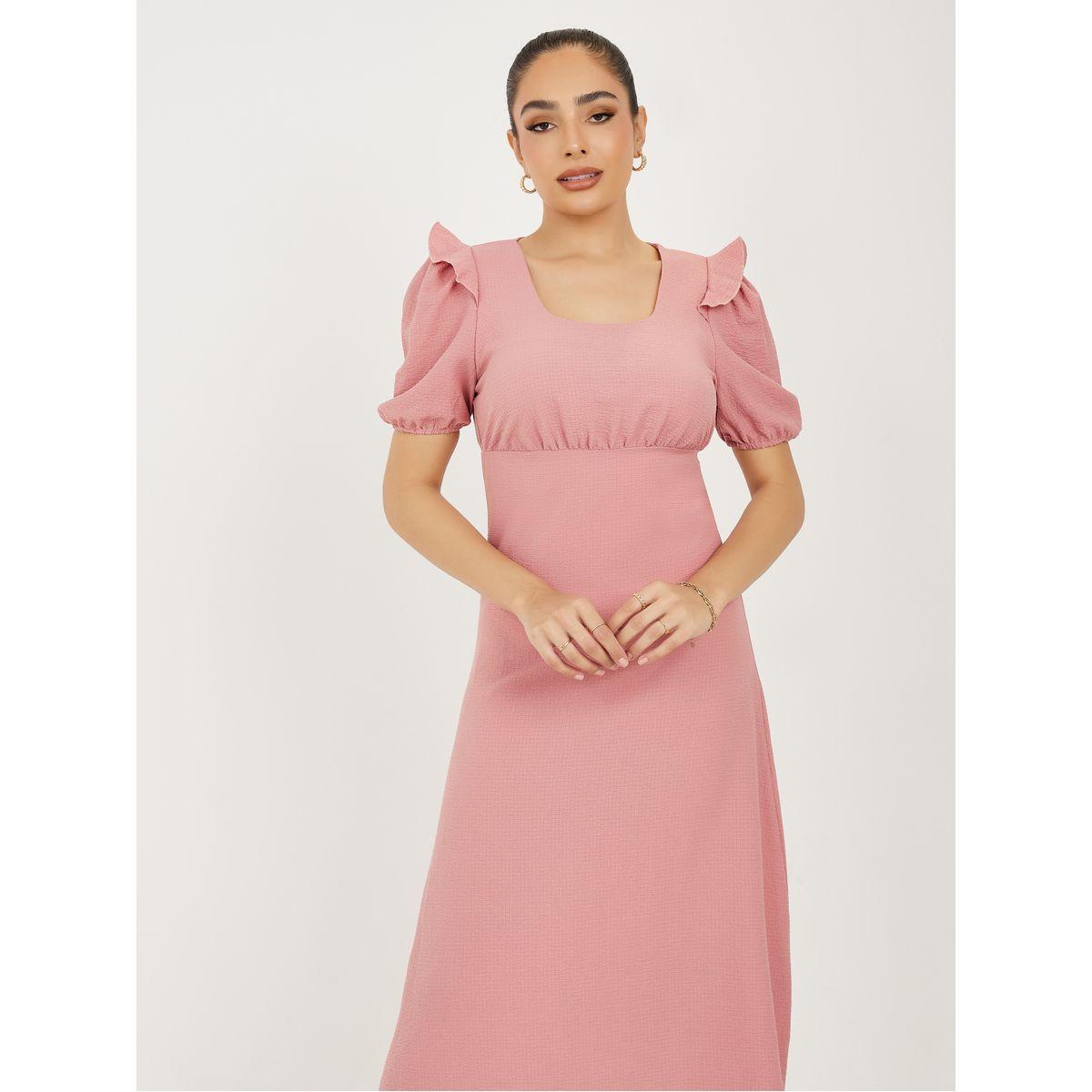 Styli Textured Square Neck A-Line Midi Dress with Puff Sleeve-women-clothing-dresses-image-2