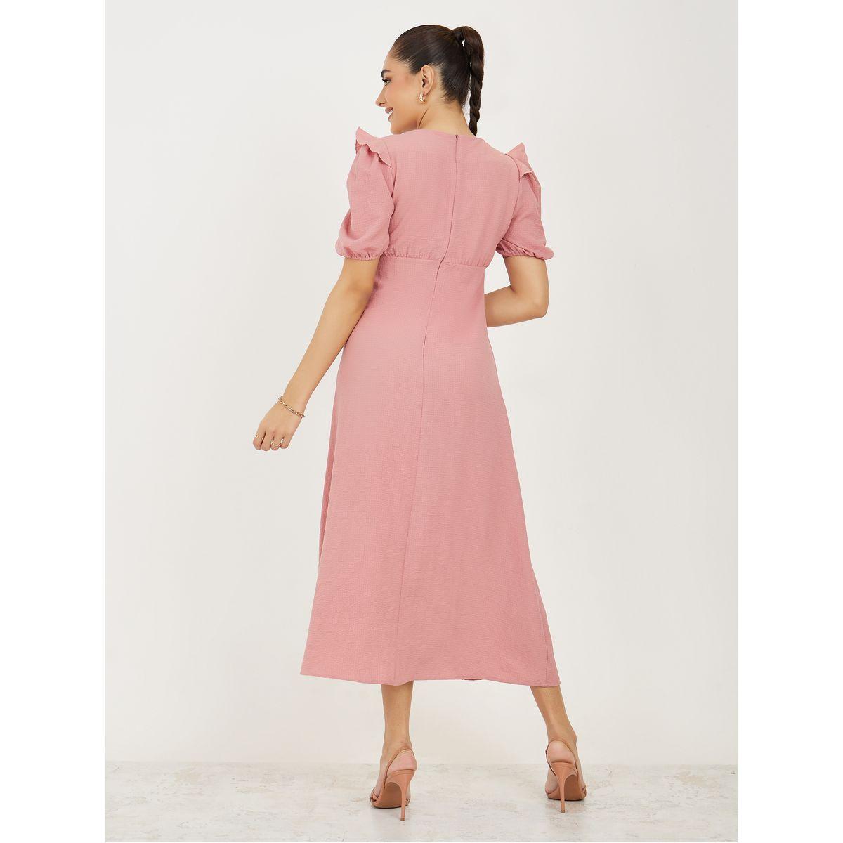 Styli Textured Square Neck A-Line Midi Dress with Puff Sleeve-women-clothing-dresses-image-4
