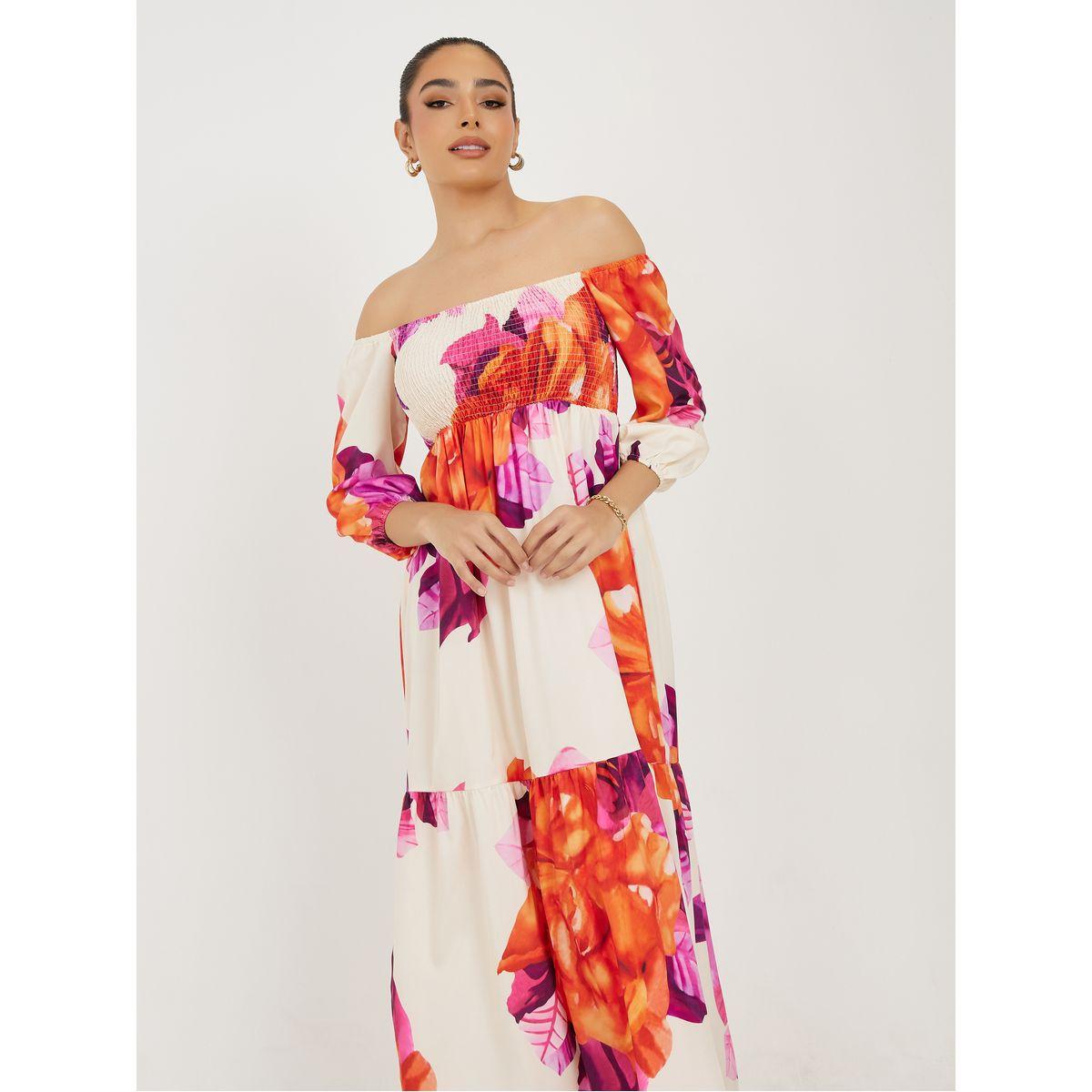 فستان ميدي مطبع بزهور مع اكتاف مكشوفة-women-clothing-dresses-image-2