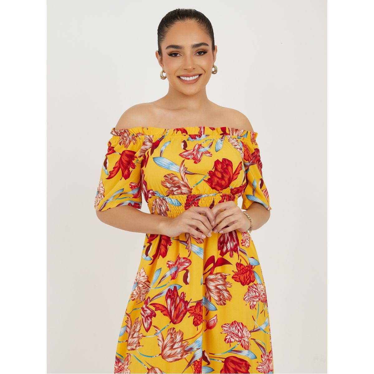 Styli Off Shoulder Neck Floral Print A-Line Midi Dress-women-clothing-dresses-image-2