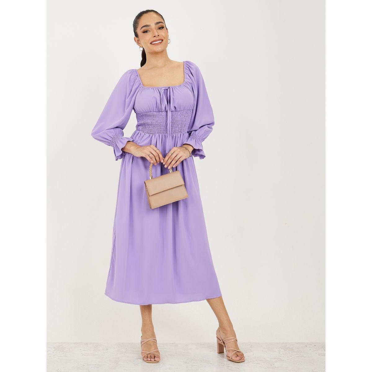 فستان ميدي بياقة واسعة وكسرات-women-clothing-dresses-image-1