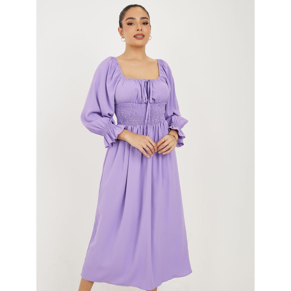 فستان ميدي بياقة واسعة وكسرات-women-clothing-dresses-image-2