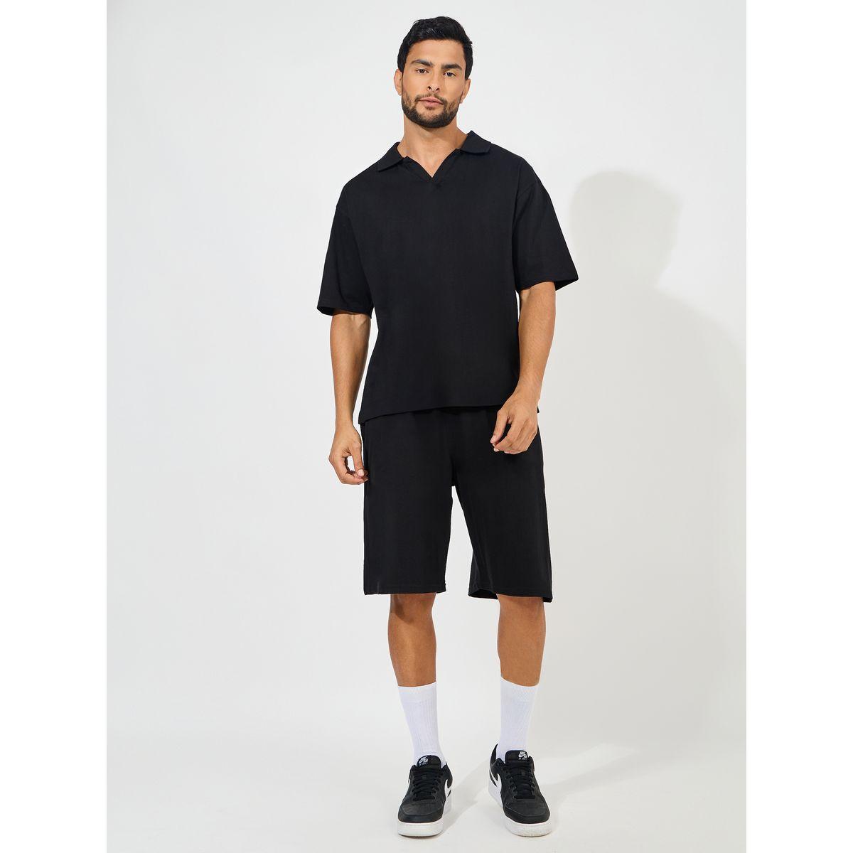 طقم منسق من شورت مع تيشيرت فضفاض بياقة بولو-men-clothing-coordsets-image-1