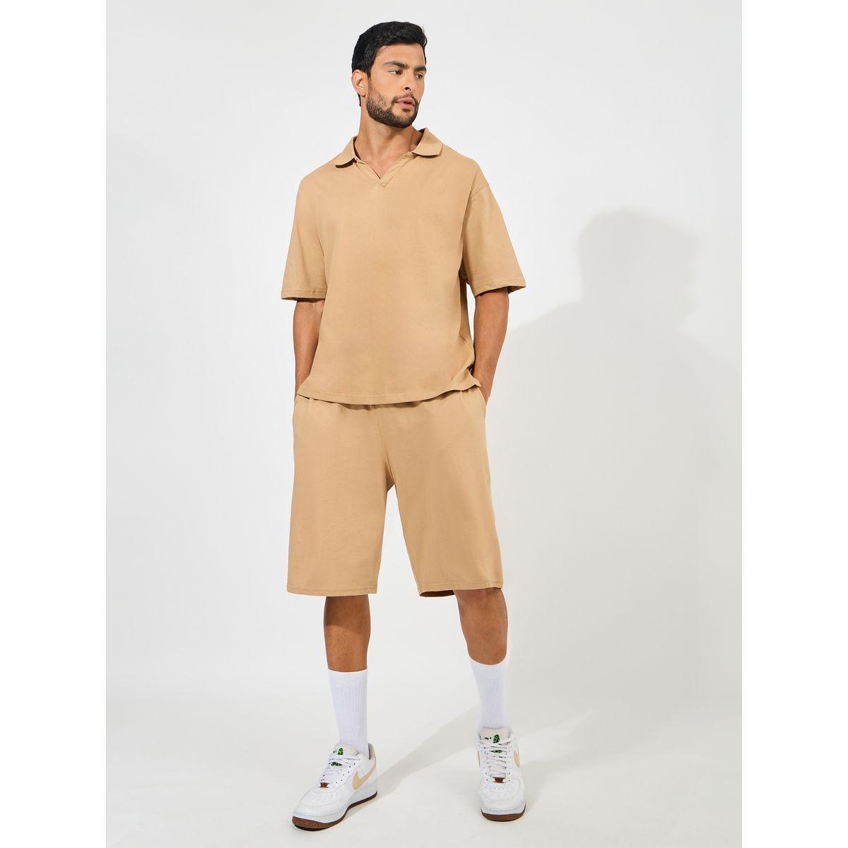 طقم منسق من شورت مع تيشيرت فضفاض بياقة بولو-men-clothing-coordsets-image-1