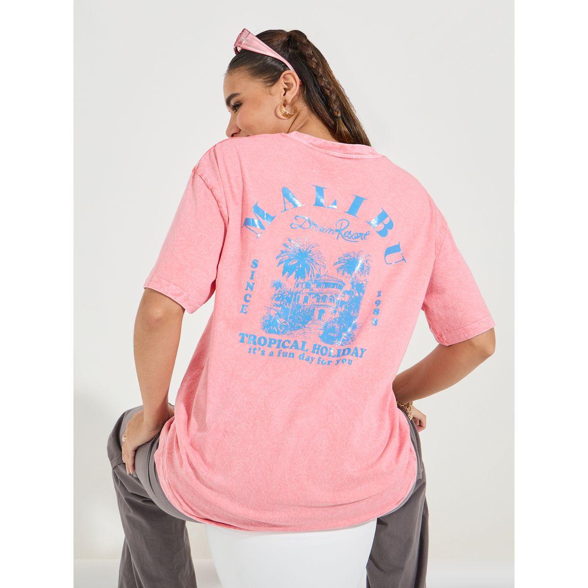 Styli Oversized Malibu Acid Wash Graphics T-Shirt with Dropped Shoulder-women-clothing-tshirts-image-1