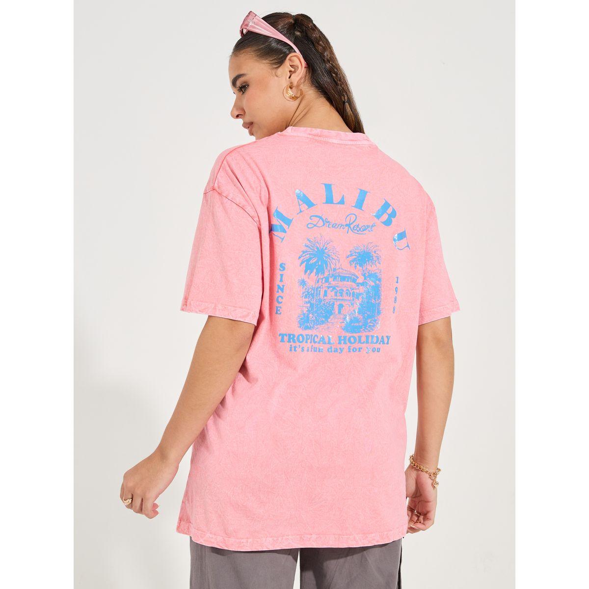 Styli Oversized Malibu Acid Wash Graphics T-Shirt with Dropped Shoulder-women-clothing-tshirts-image-5