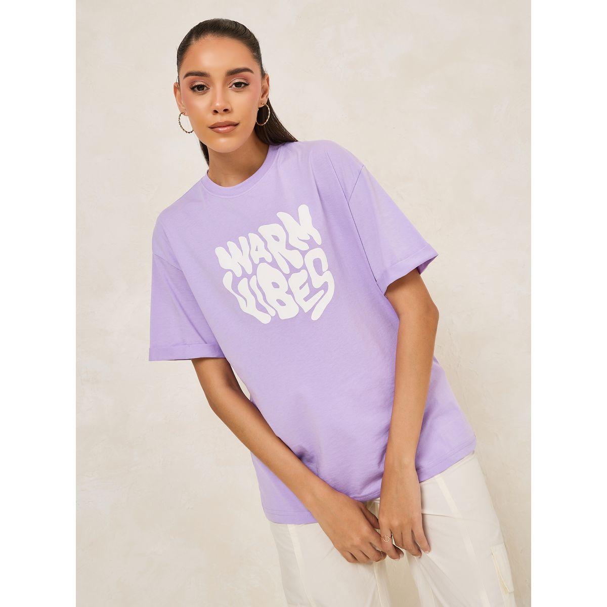 تيشيرت فضفاض مطبع بكتابة مع اكتاف منخفضة-women-clothing-tshirts-image-3