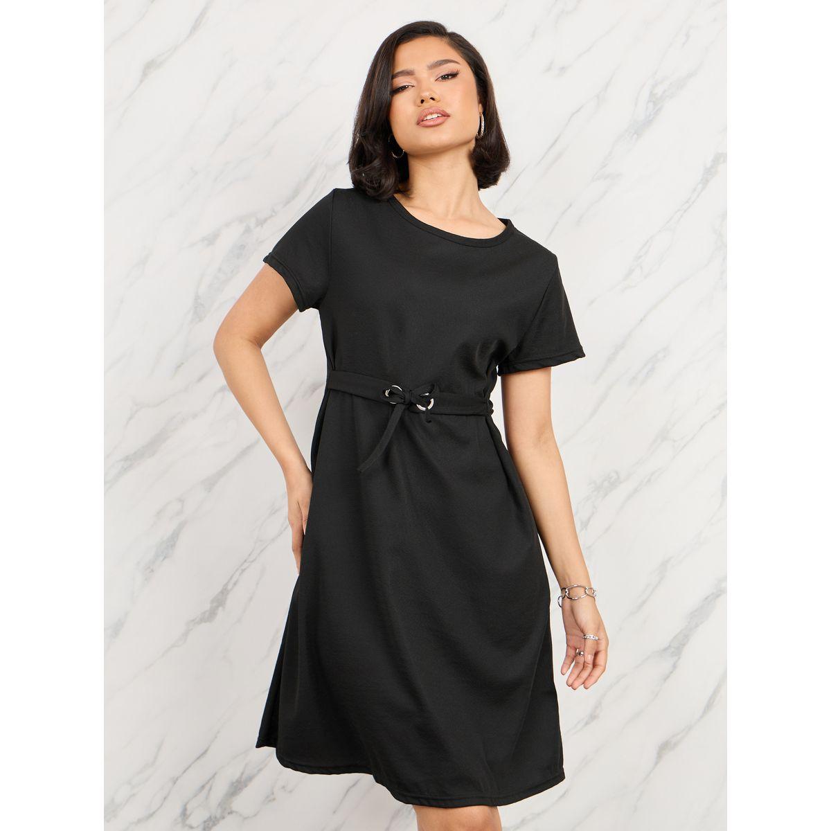 Styli Solid Front Tie Up Knee Length Dress-women-clothing-dresses-image-2