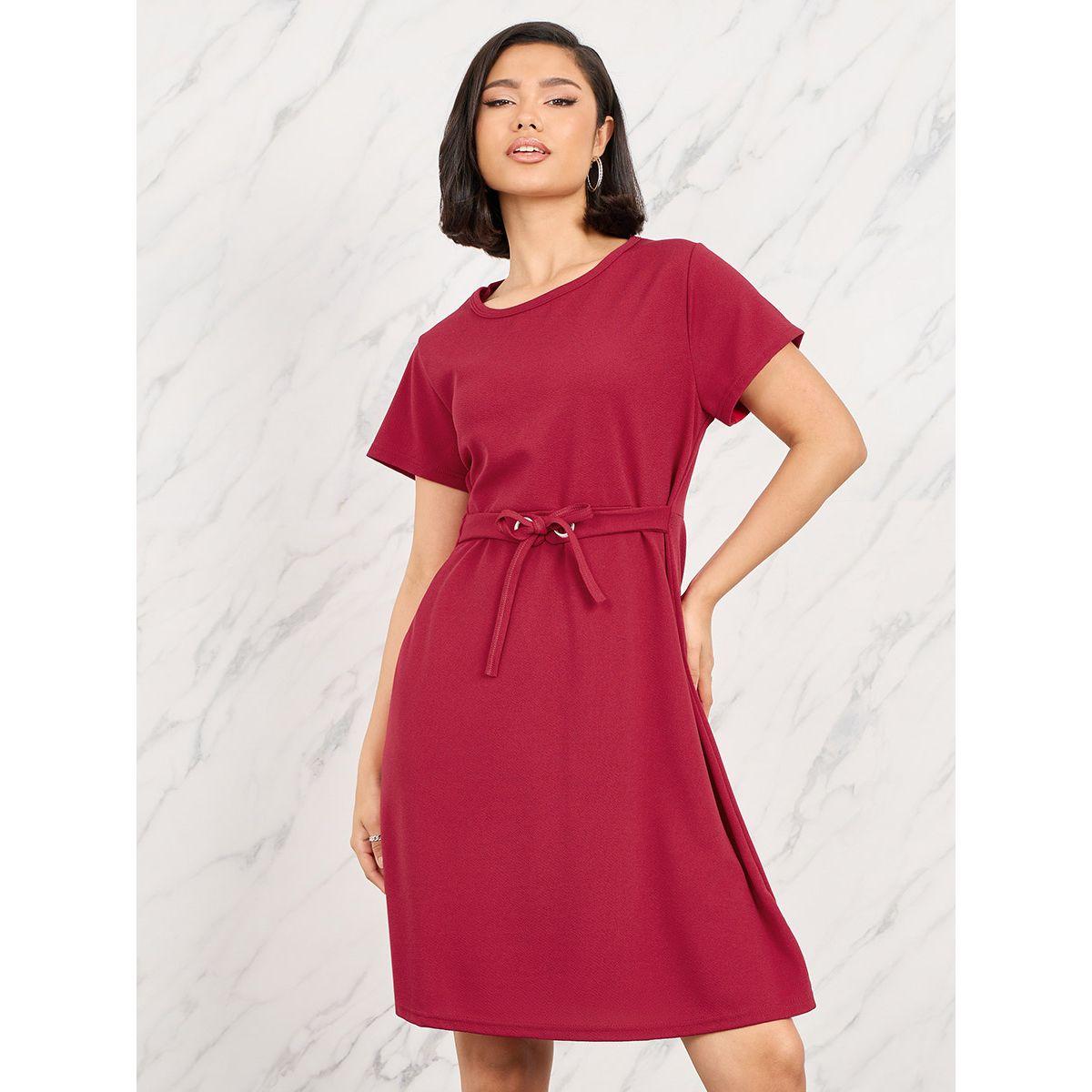 Styli Solid Front Tie Up Knee Length Dress-women-clothing-dresses-image-2