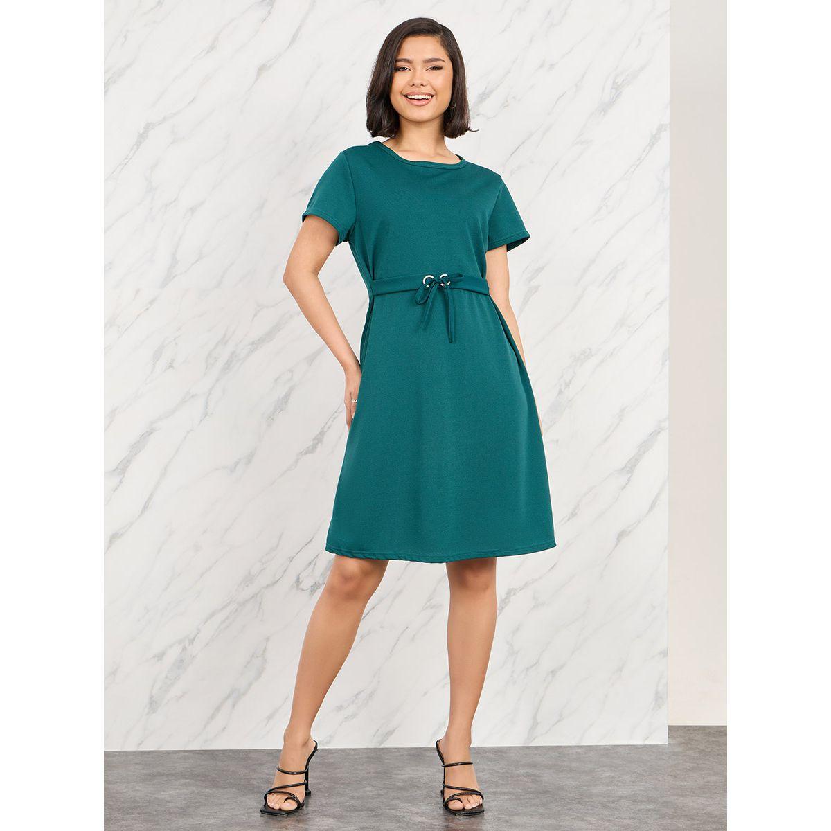 Styli Solid Front Tie Up Knee Length Dress-women-clothing-dresses-image-1