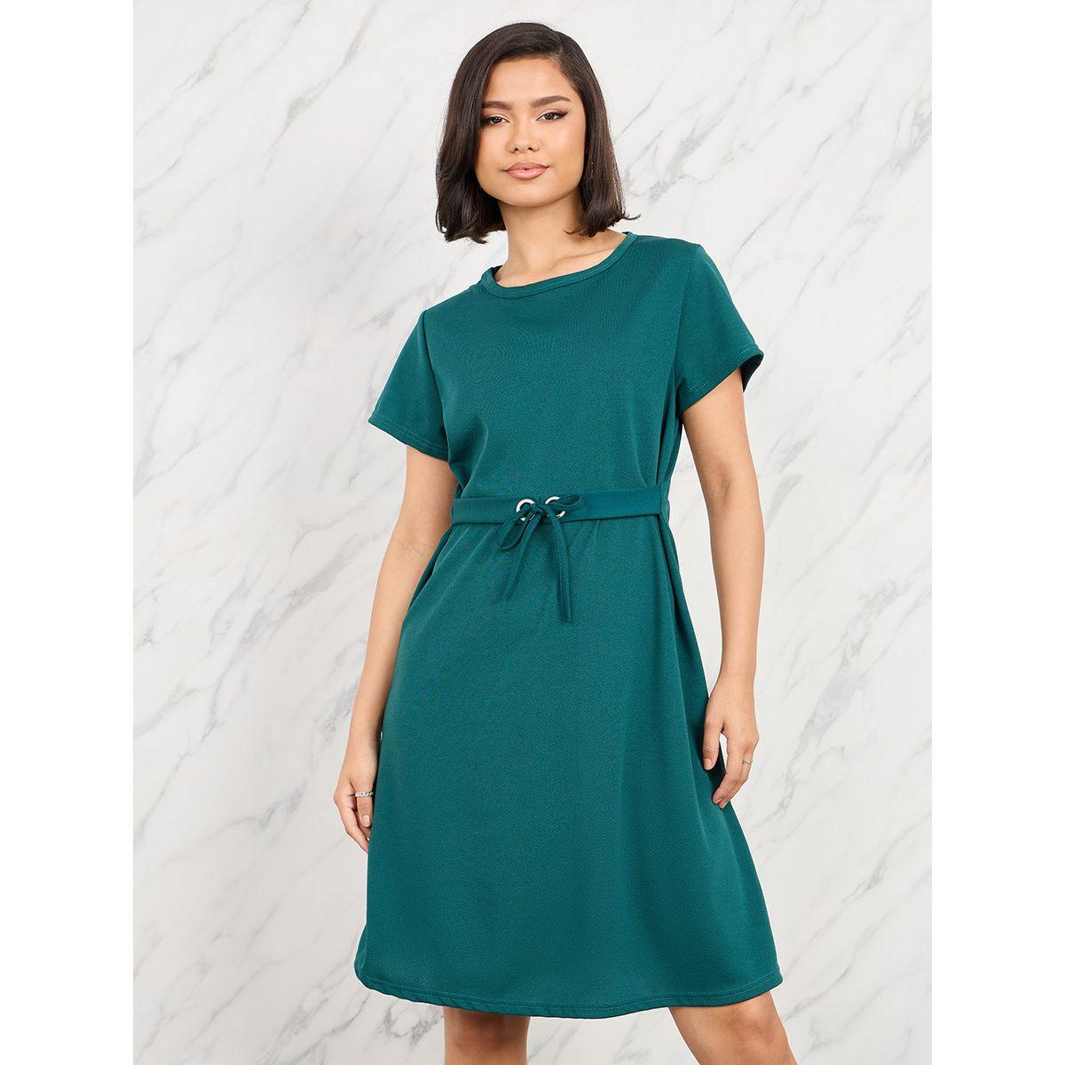 Styli Solid Front Tie Up Knee Length Dress-women-clothing-dresses-image-2