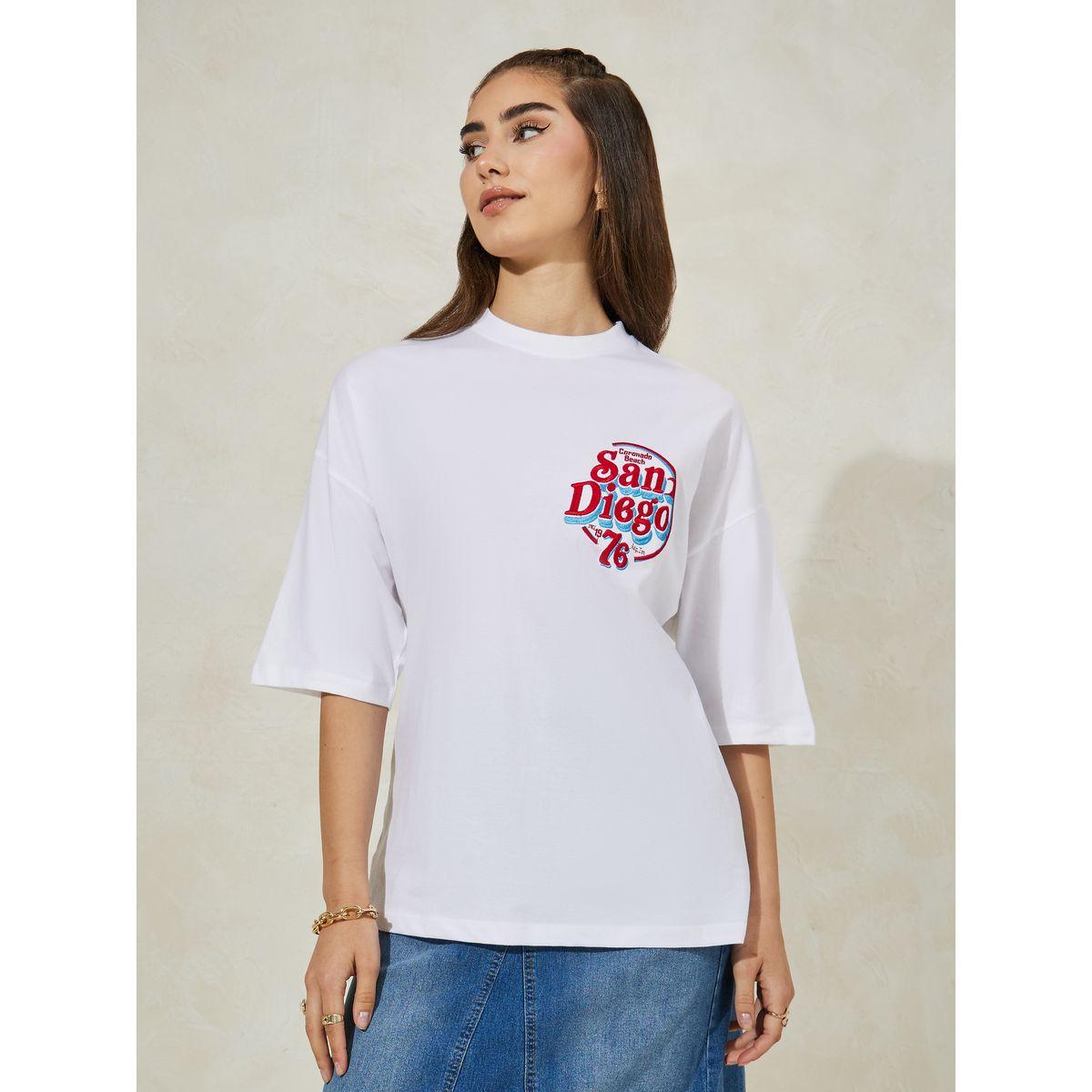 Styli Oversized Dropped Shoulder San Diego Embroidered T-Shirt-women-clothing-tshirts-image-2