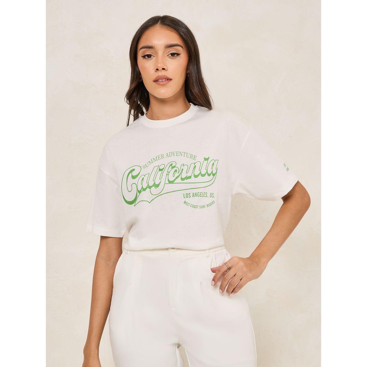 تيشيرت فضفاض بطبعة كتابة وياقة دائرية-women-clothing-tshirts-image-6
