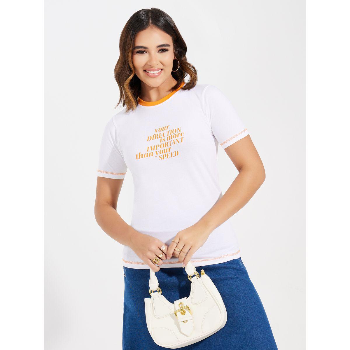 Styli Contrast Stitch Slogan Print Fitted T-Shirt-women-clothing-tshirts-image-1