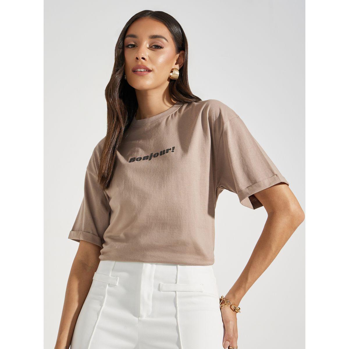 Styli Oversized Bonjour Print Turn-Up Sleeves T-Shirt-women-clothing-tshirts-image-1