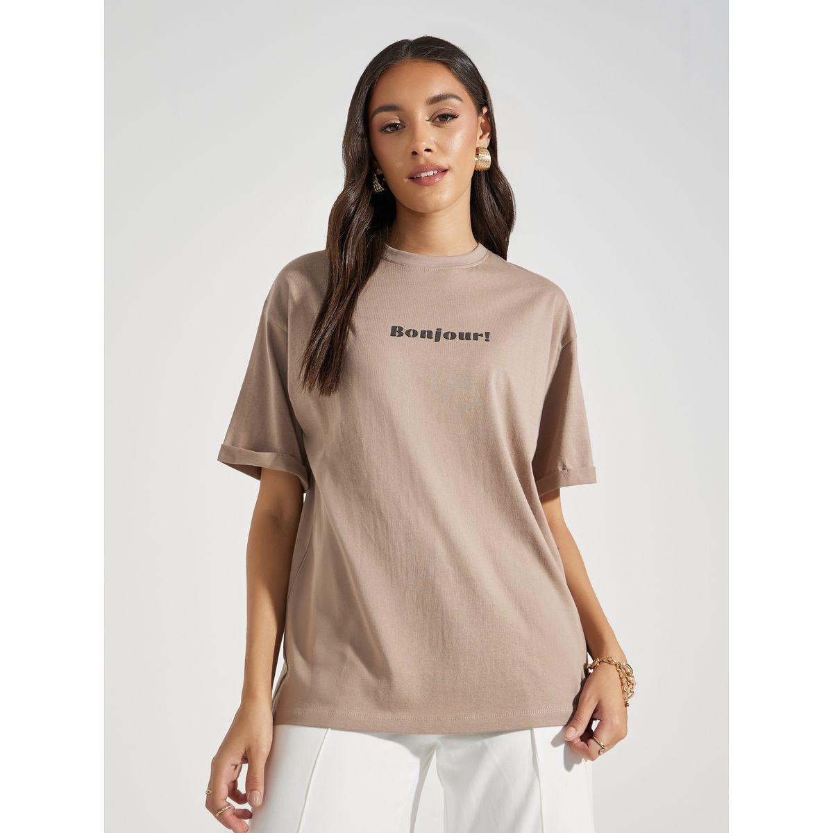 Styli Oversized Bonjour Print Turn-Up Sleeves T-Shirt-women-clothing-tshirts-image-2