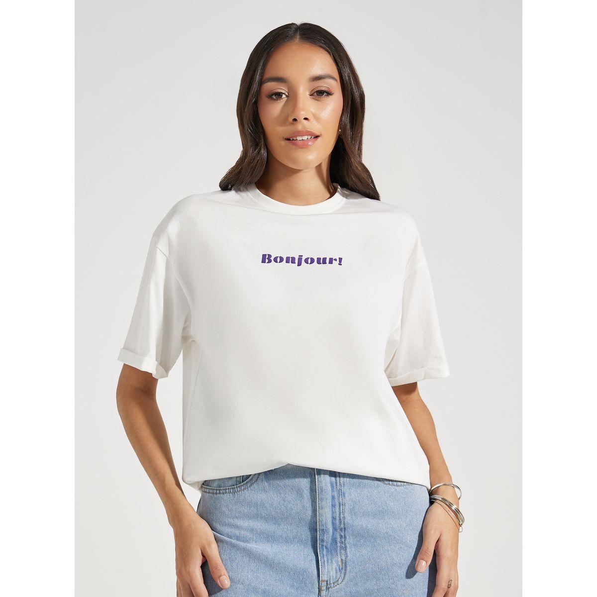 Styli Oversized Bonjour Print Turn-Up Sleeves T-Shirt-women-clothing-tshirts-image-2