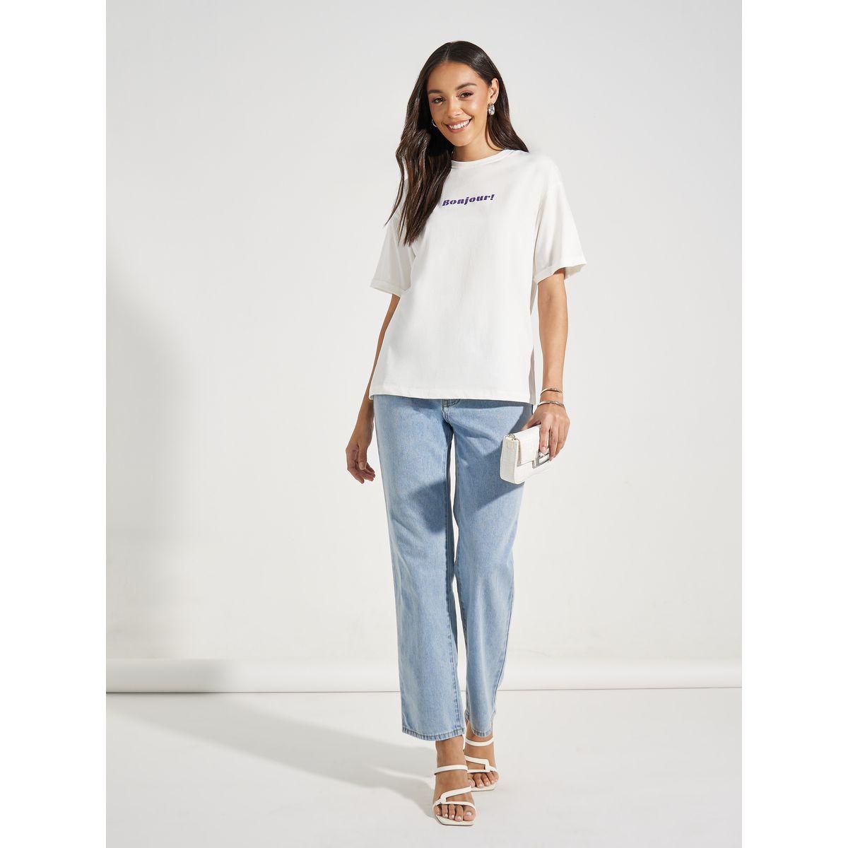 Styli Oversized Bonjour Print Turn-Up Sleeves T-Shirt-women-clothing-tshirts-image-3