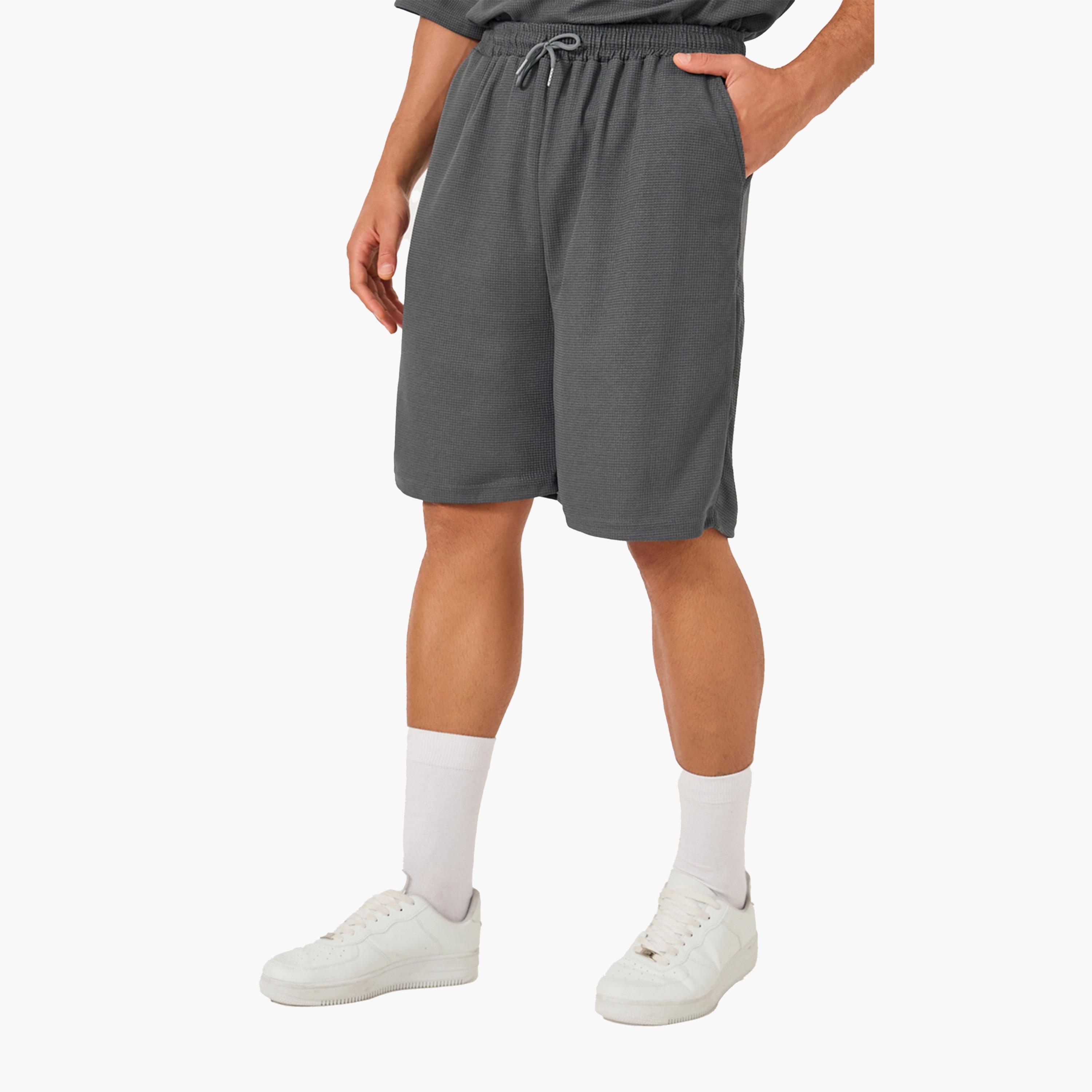 Styli Solid Textured Knit Oversized Streetwear T-Shirt and Shorts Set-men-clothing-coordsets-image-4