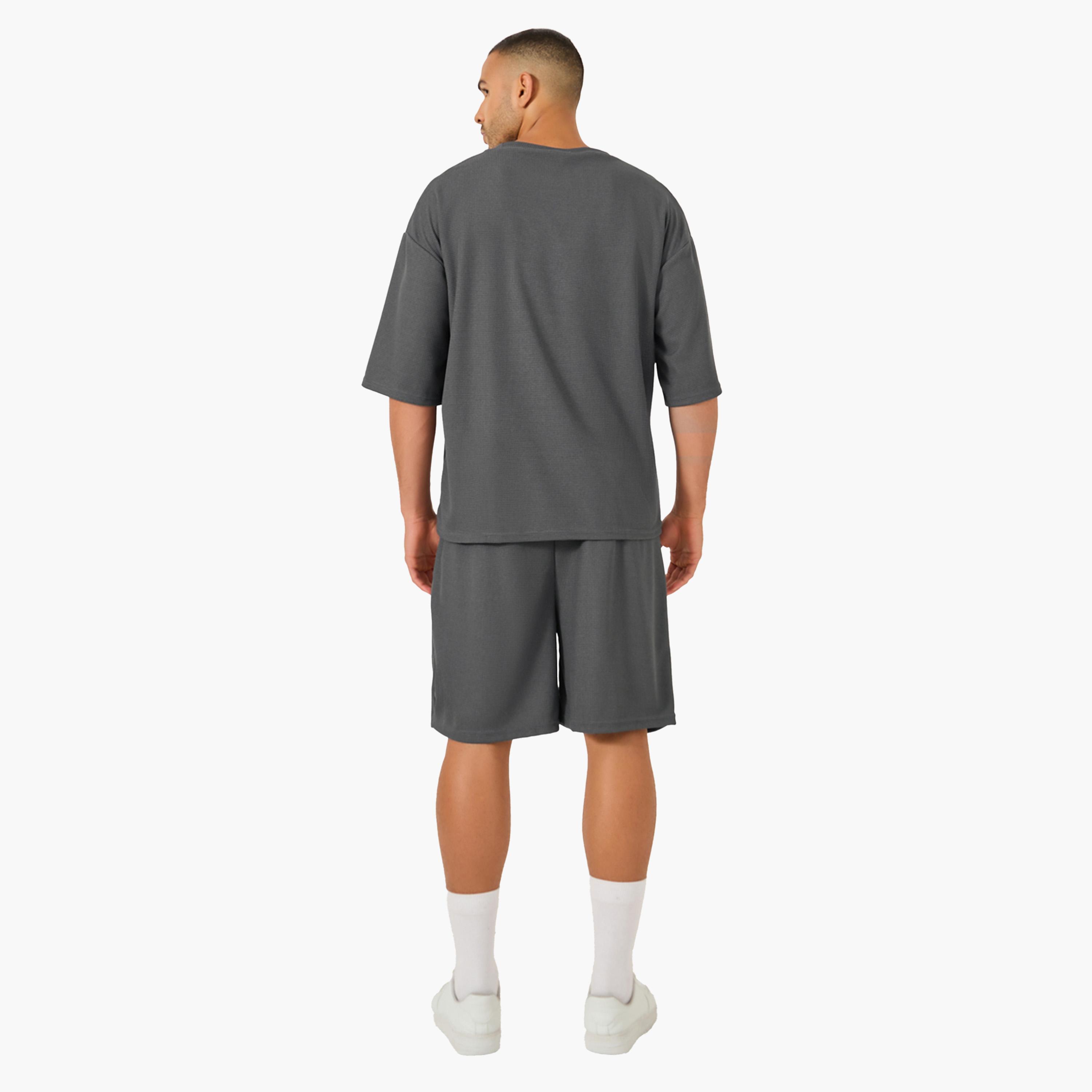 Styli Solid Textured Knit Oversized Streetwear T-Shirt and Shorts Set-men-clothing-coordsets-image-5