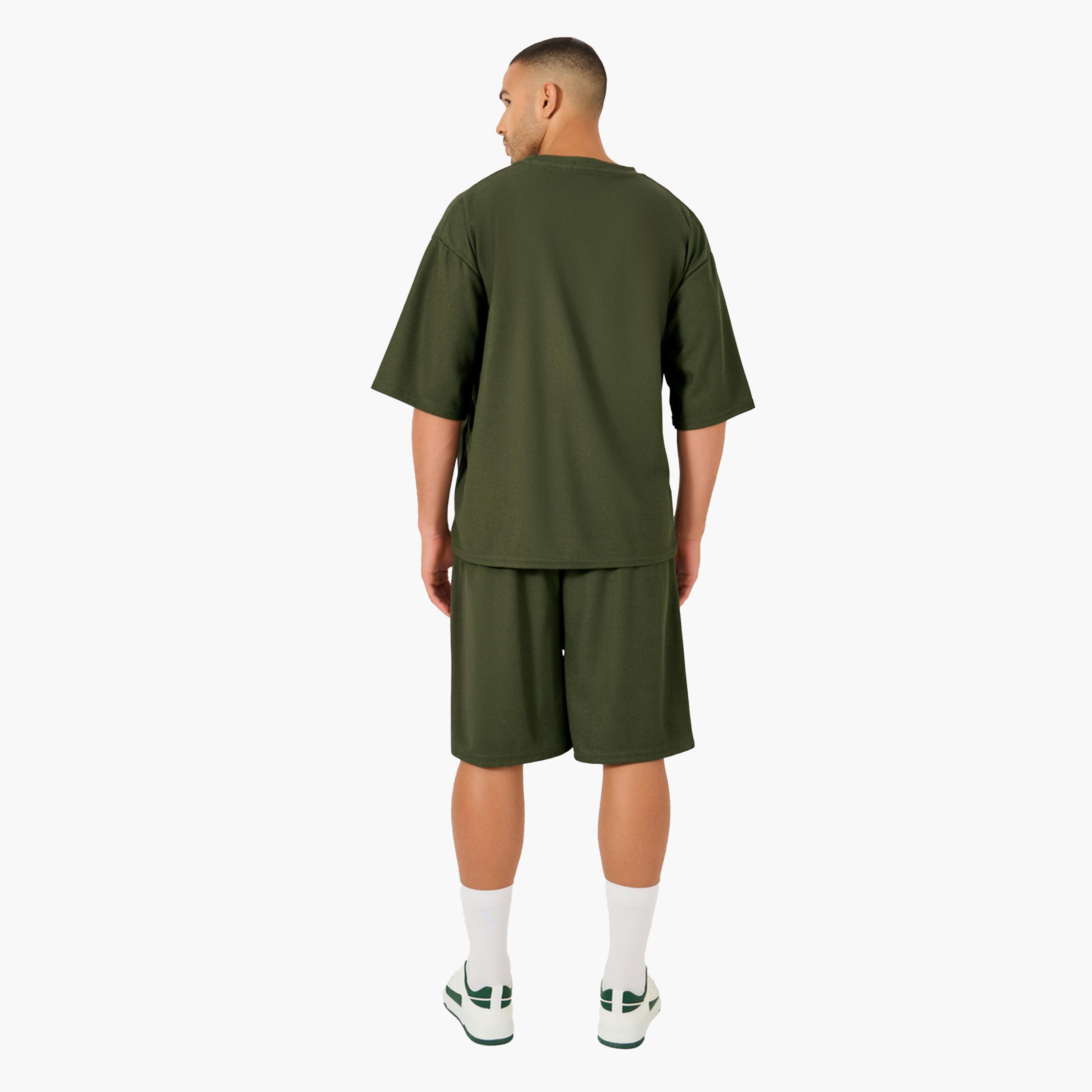 Styli Solid Textured Knit Oversized Streetwear T-Shirt and Shorts Set-men-clothing-coordsets-image-5