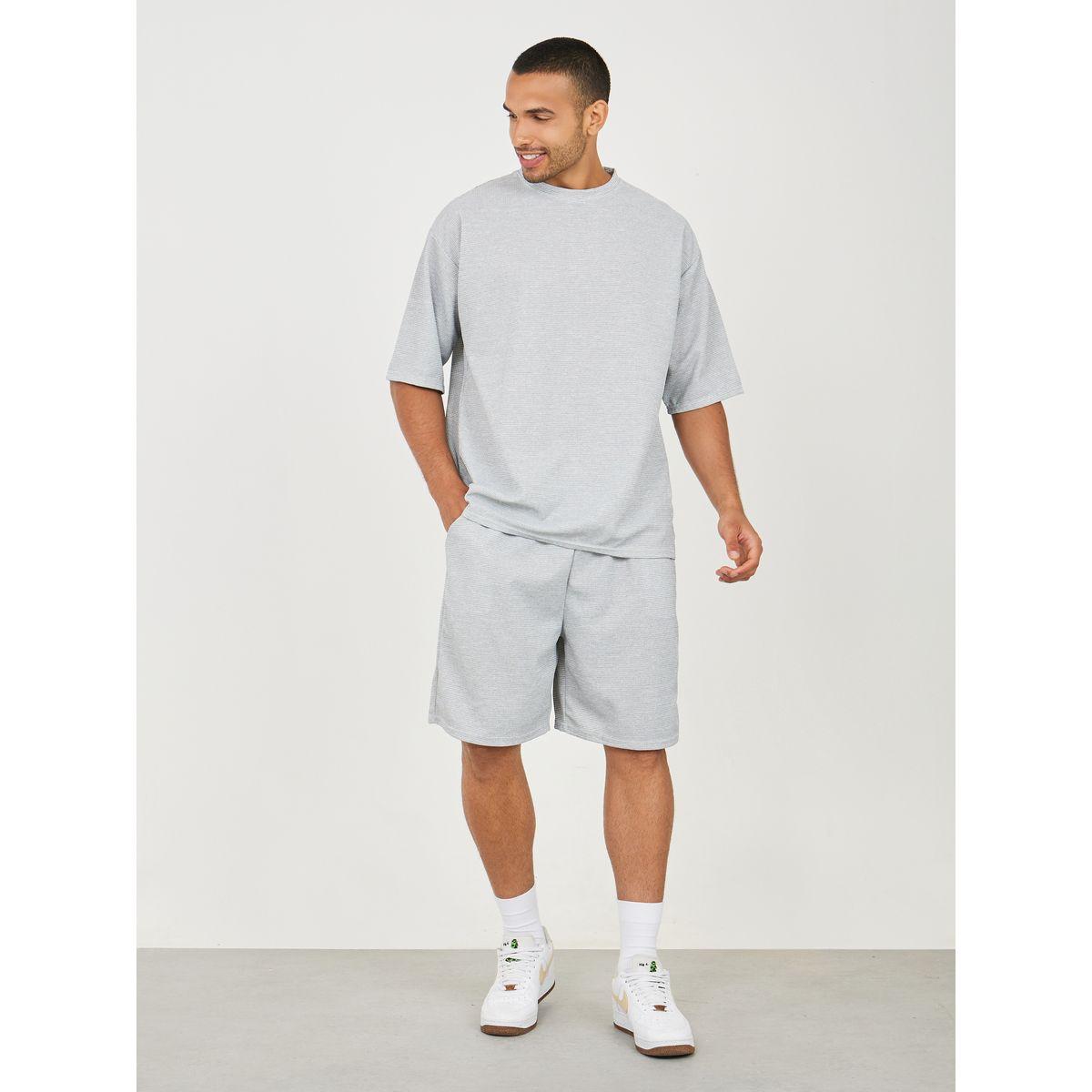 Styli Solid Textured Knit Oversized Streetwear T-Shirt & Shorts Set-men-clothing-coordsets-image-1