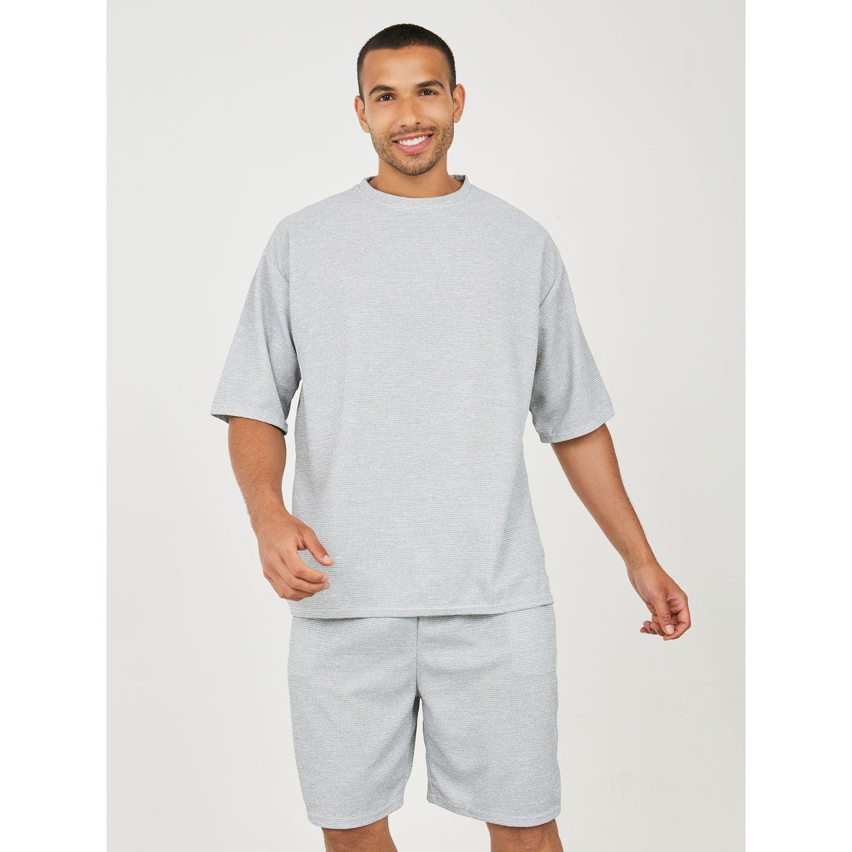 Styli Solid Textured Knit Oversized Streetwear T-Shirt & Shorts Set-men-clothing-coordsets-image-2