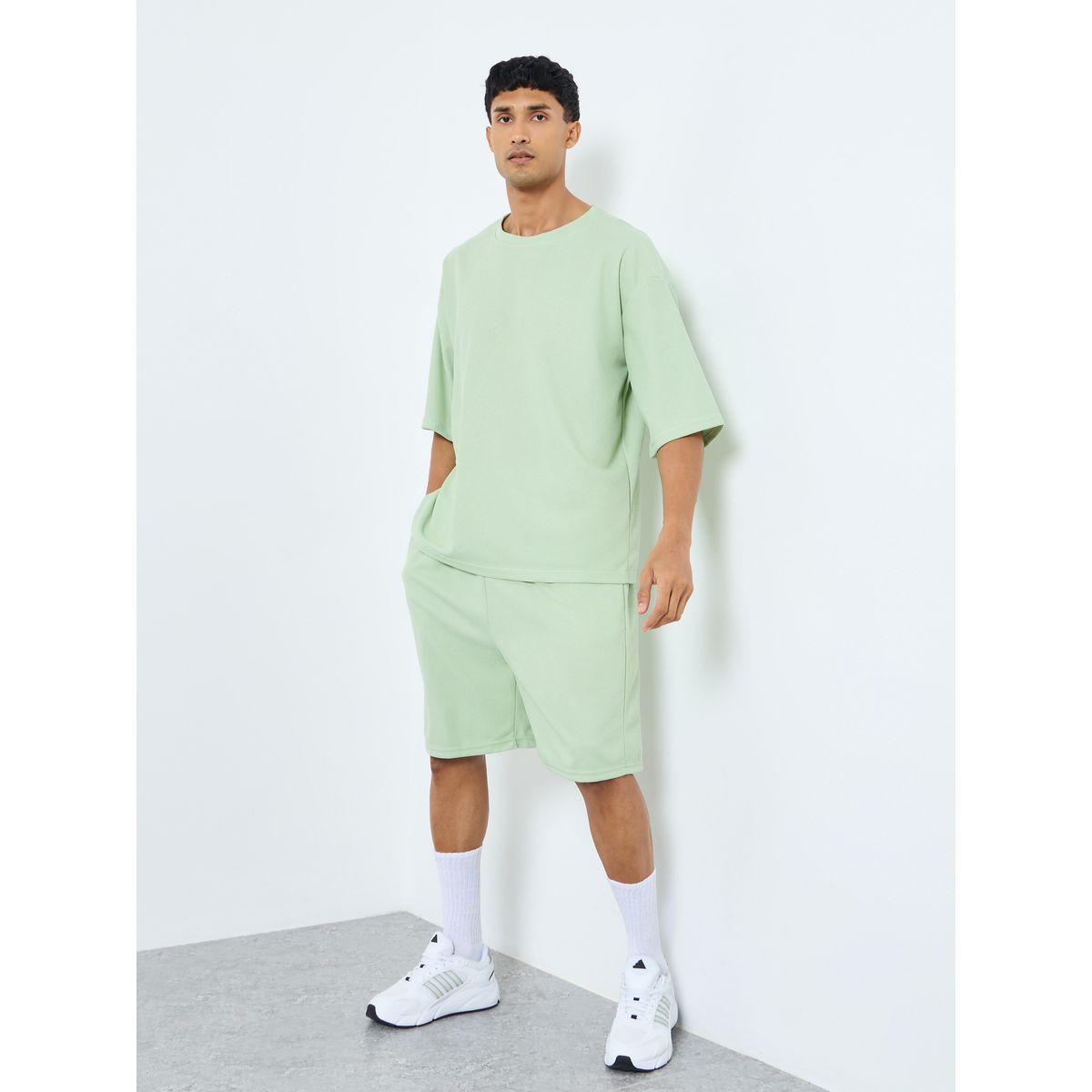 Styli Solid Textured Knit Oversized Streetwear T-Shirt and Shorts Co-Ords-men-clothing-coordsets-image-1