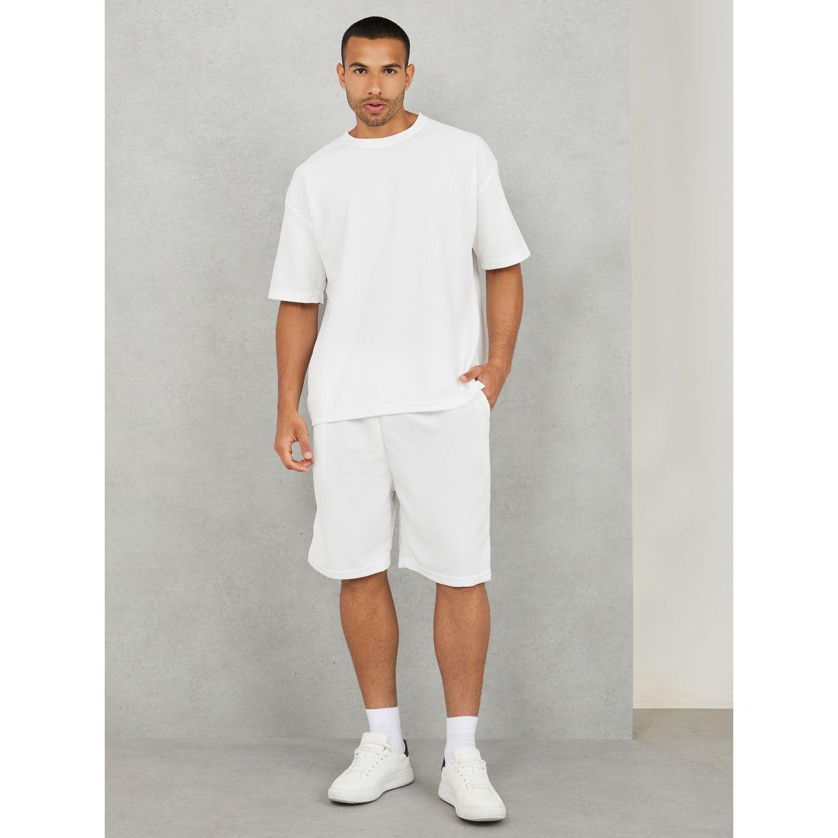 Styli Solid Textured Knit Oversized Streetwear T-Shirt & Shorts Set-men-clothing-coordsets-image-1