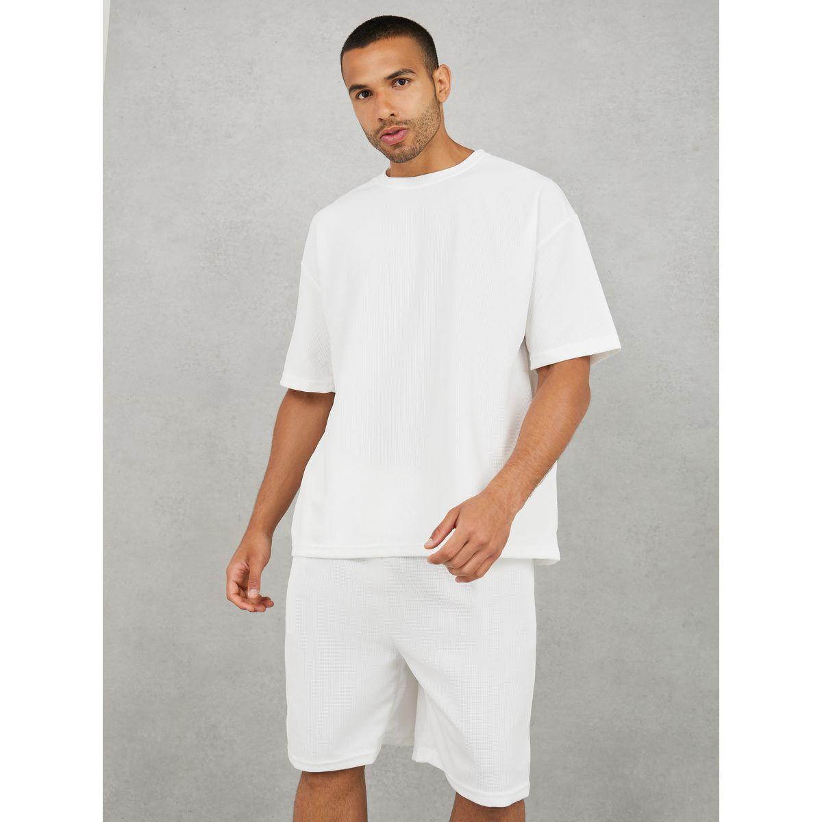 Styli Solid Textured Knit Oversized Streetwear T-Shirt & Shorts Set-men-clothing-coordsets-image-2