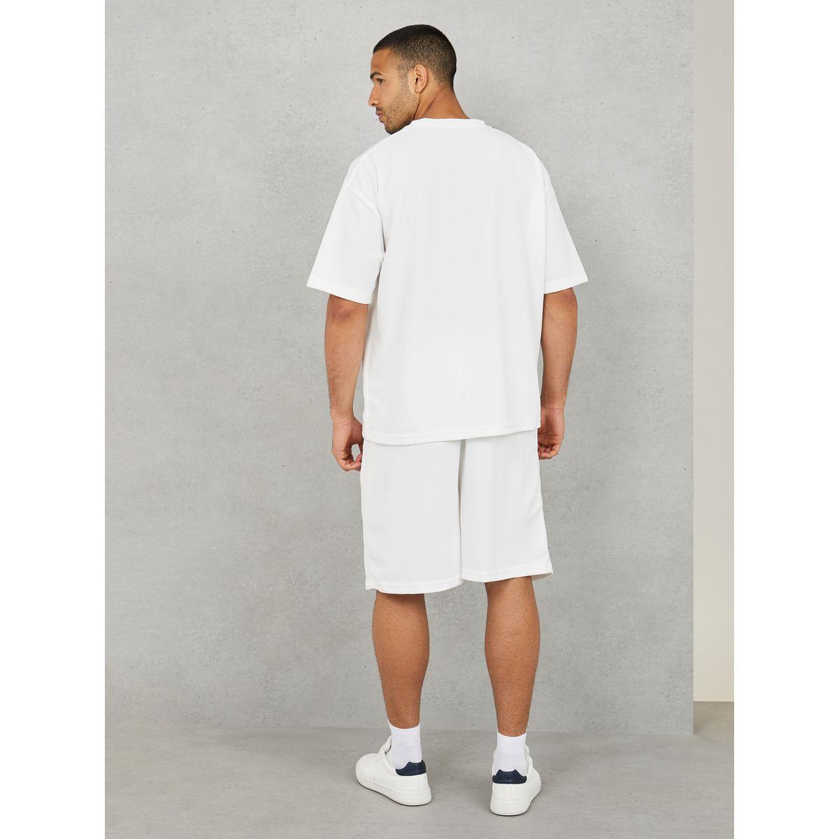 Styli Solid Textured Knit Oversized Streetwear T-Shirt & Shorts Set-men-clothing-coordsets-image-5