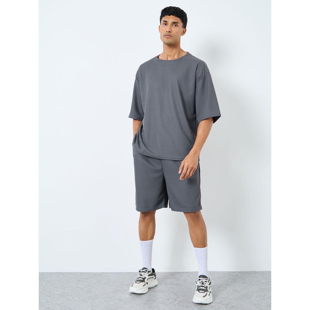 Styli Solid Textured Knit Oversized Streetwear T-Shirt & Shorts Set-men-clothing-coordsets-image-1