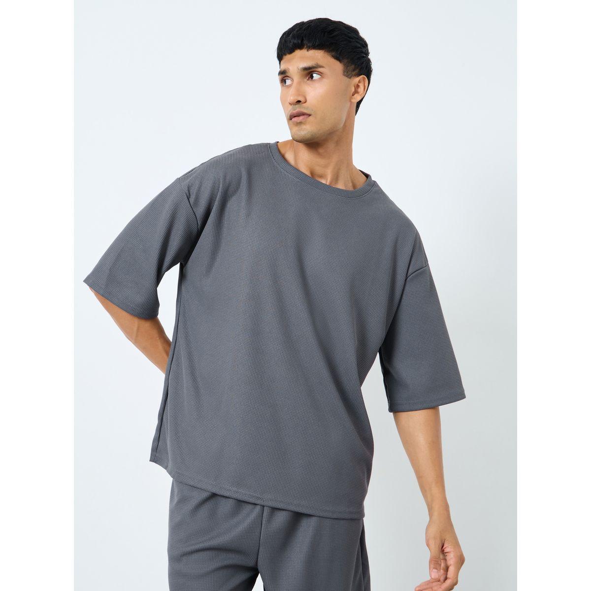Styli Solid Textured Knit Oversized Streetwear T-Shirt & Shorts Set-men-clothing-coordsets-image-2