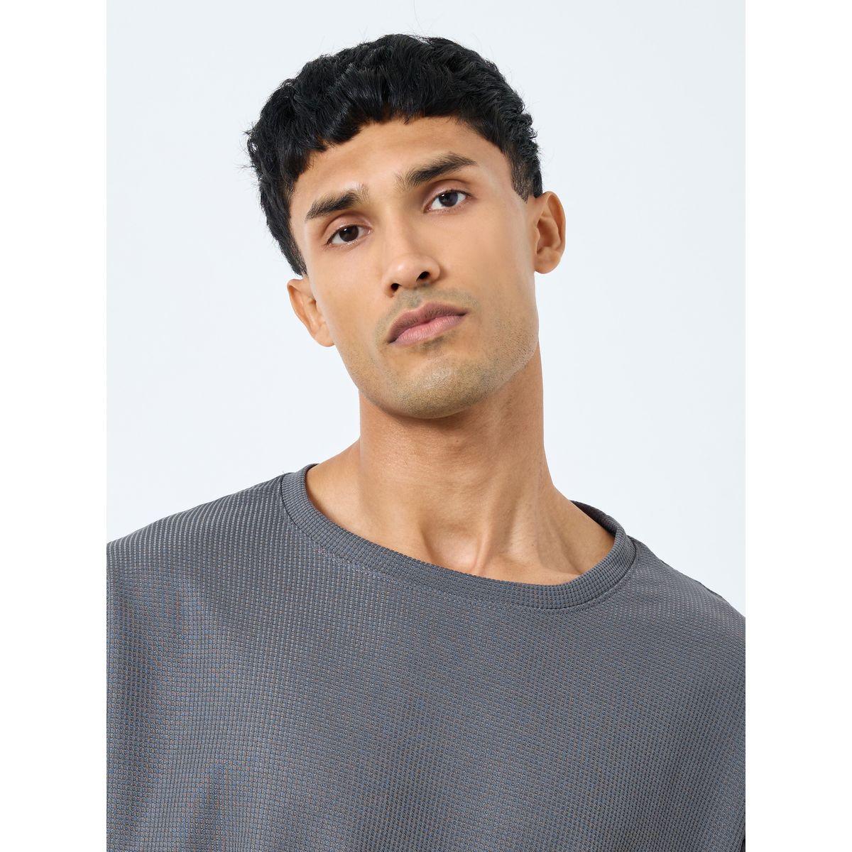 Styli Solid Textured Knit Oversized Streetwear T-Shirt & Shorts Set-men-clothing-coordsets-image-3