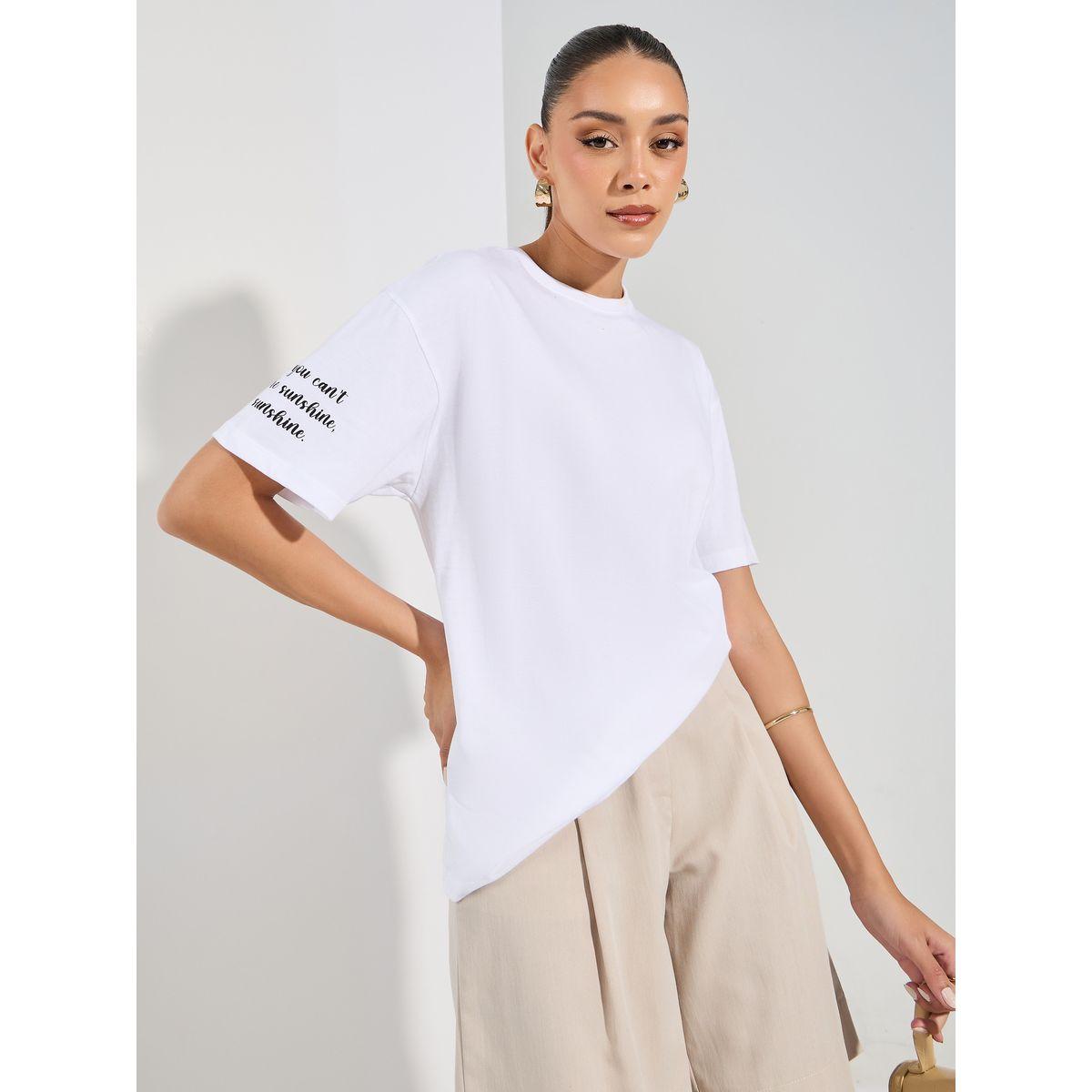 تيشيرت فضفاض مطبع بكتابة مع اكمام منخفضة-women-clothing-tshirts-image-1