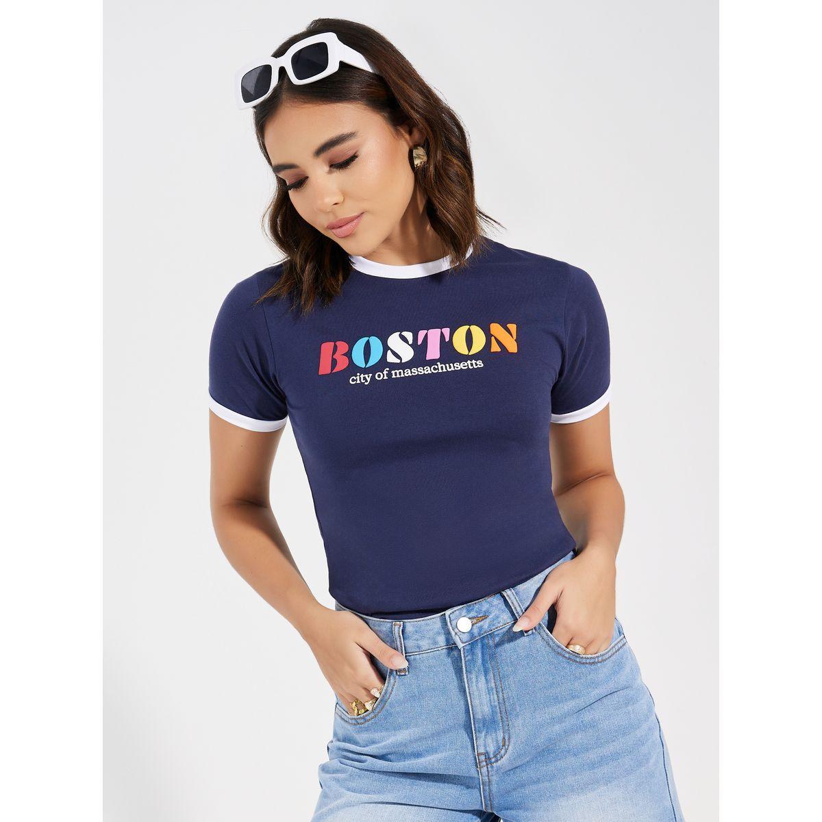 Styli Cotton Lycra Boston Slogan Print Fitted T-Shirt-women-clothing-tshirts-image-5