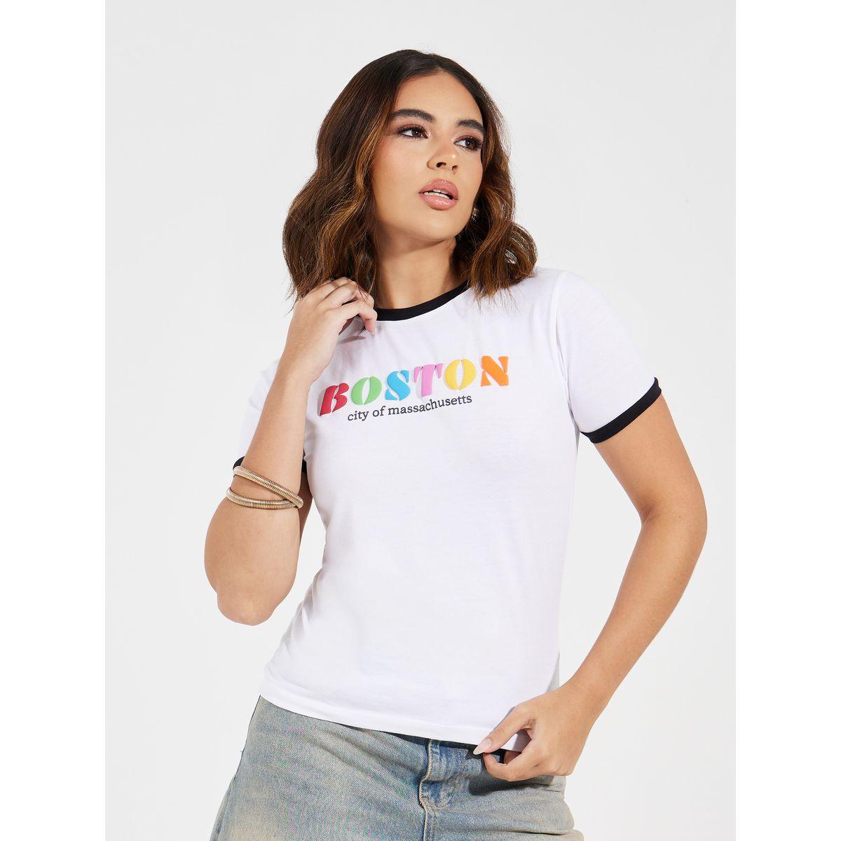Styli Cotton Lycra Boston Slogan Print Fitted T-Shirt-women-clothing-tshirts-image-1