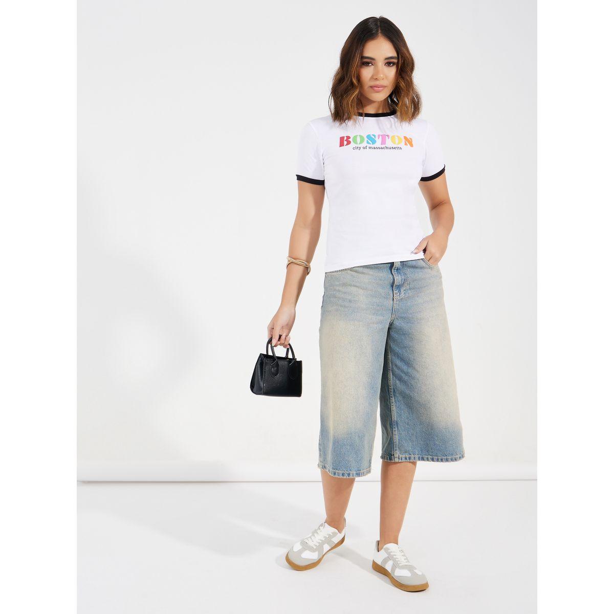 Styli Cotton Lycra Boston Slogan Print Fitted T-Shirt-women-clothing-tshirts-image-2