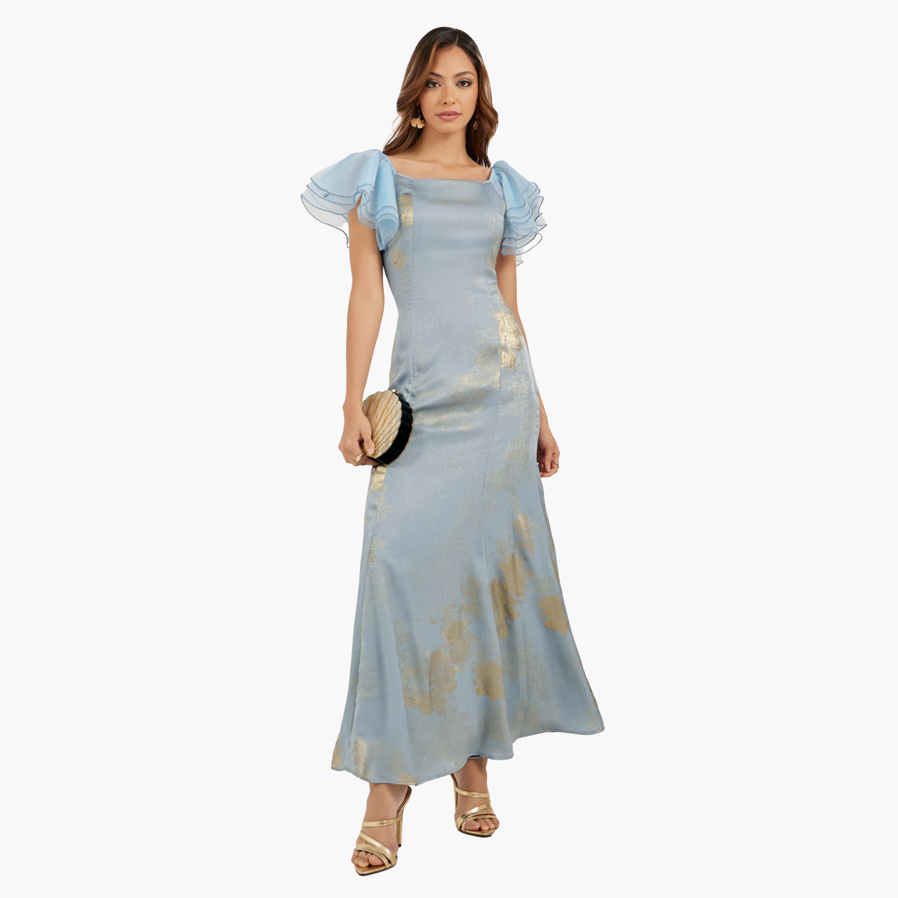 ستايلي-  فستان ماكسي حورية البحر بطبعة جاكار وأكمام مكشكشة-women-clothing-dresses-image-1