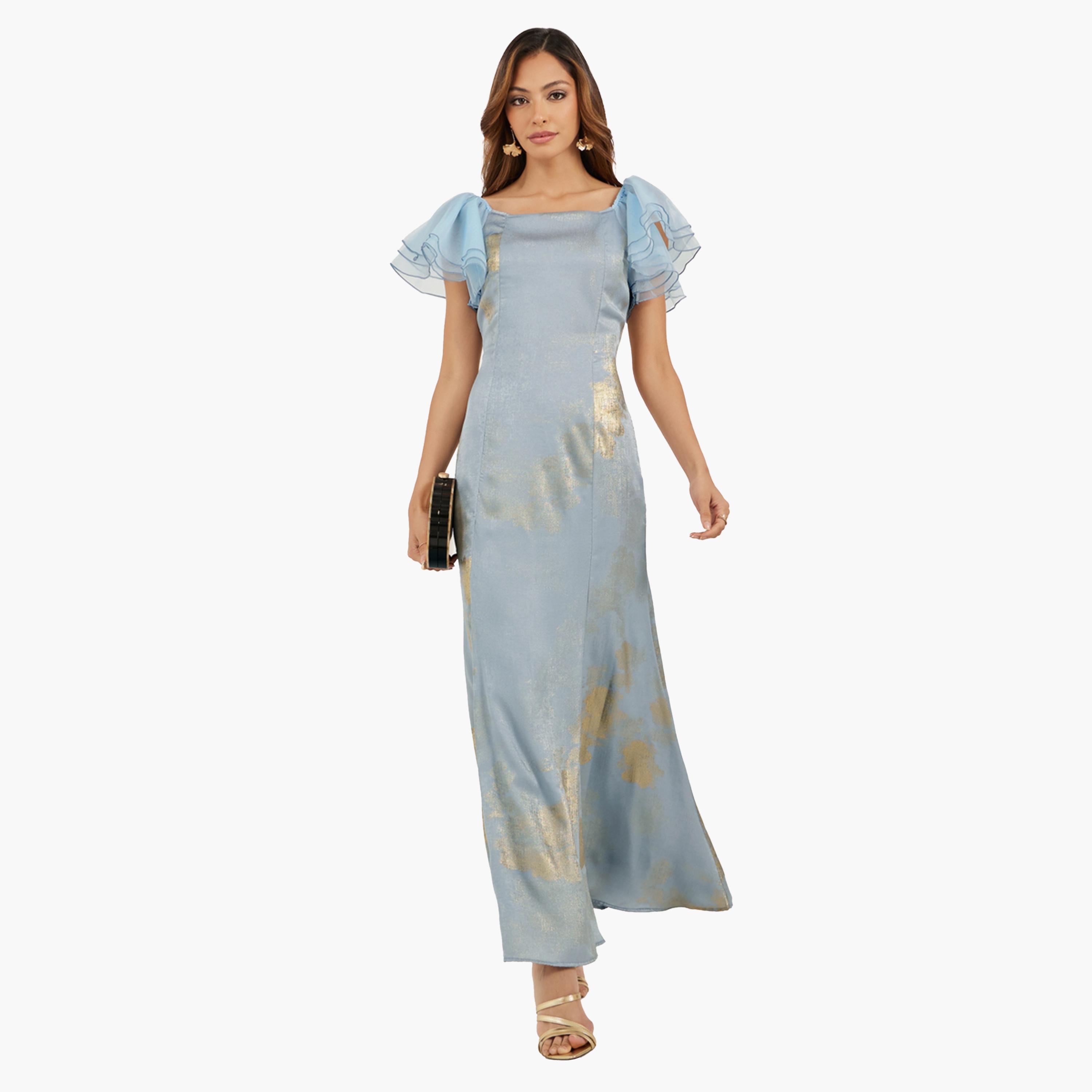 ستايلي-  فستان ماكسي حورية البحر بطبعة جاكار وأكمام مكشكشة-women-clothing-dresses-image-2