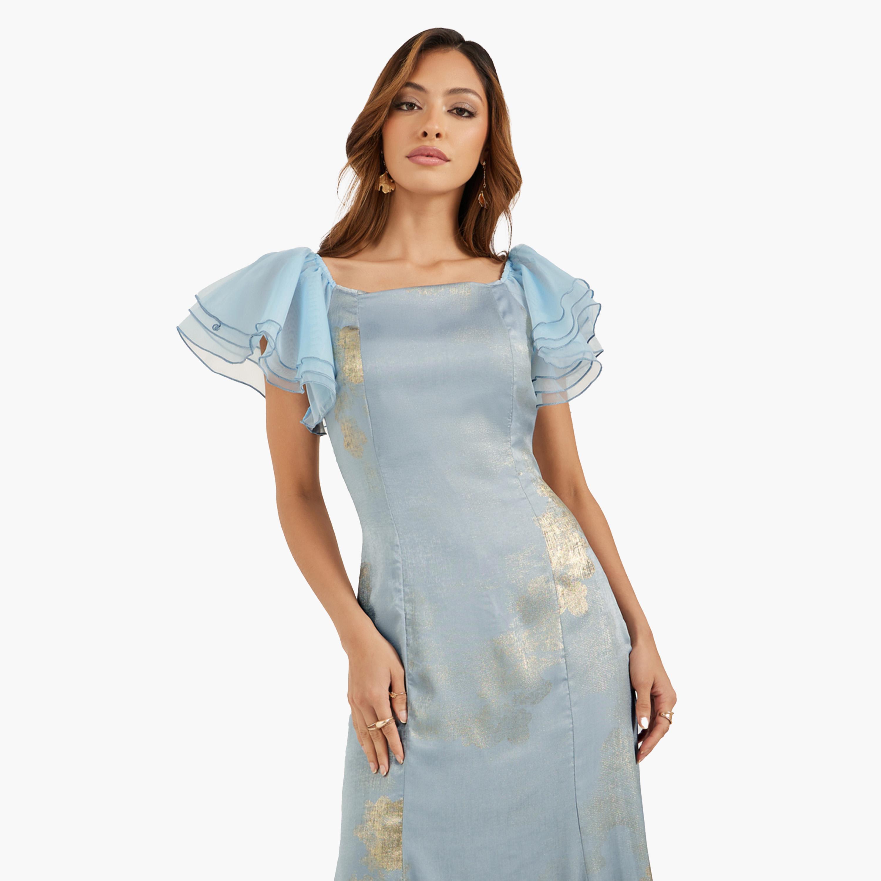 ستايلي-  فستان ماكسي حورية البحر بطبعة جاكار وأكمام مكشكشة-women-clothing-dresses-image-3
