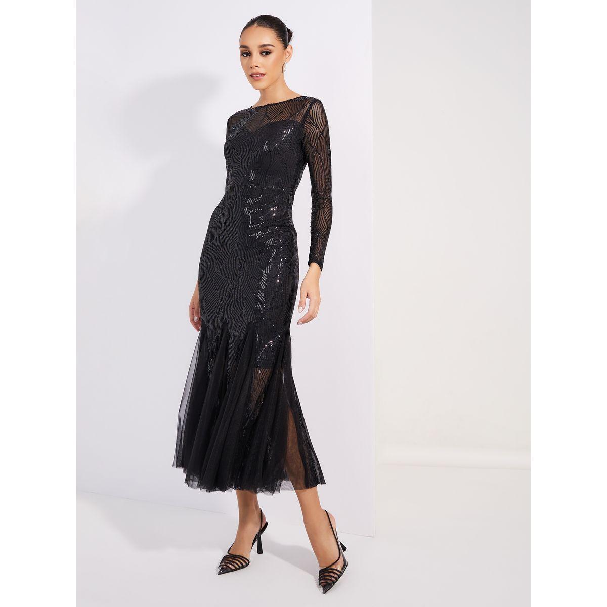 فستان طويل بقصة ميرميد وتفاصيل شبكية-women-clothing-dresses-image-1
