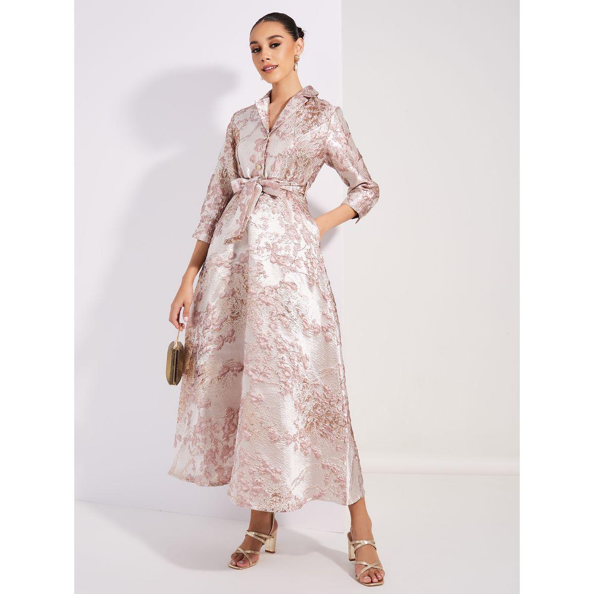 Styli Limited Jacquard A-Line Maxi Dress with Tie Belt-women-clothing-dresses-image-1