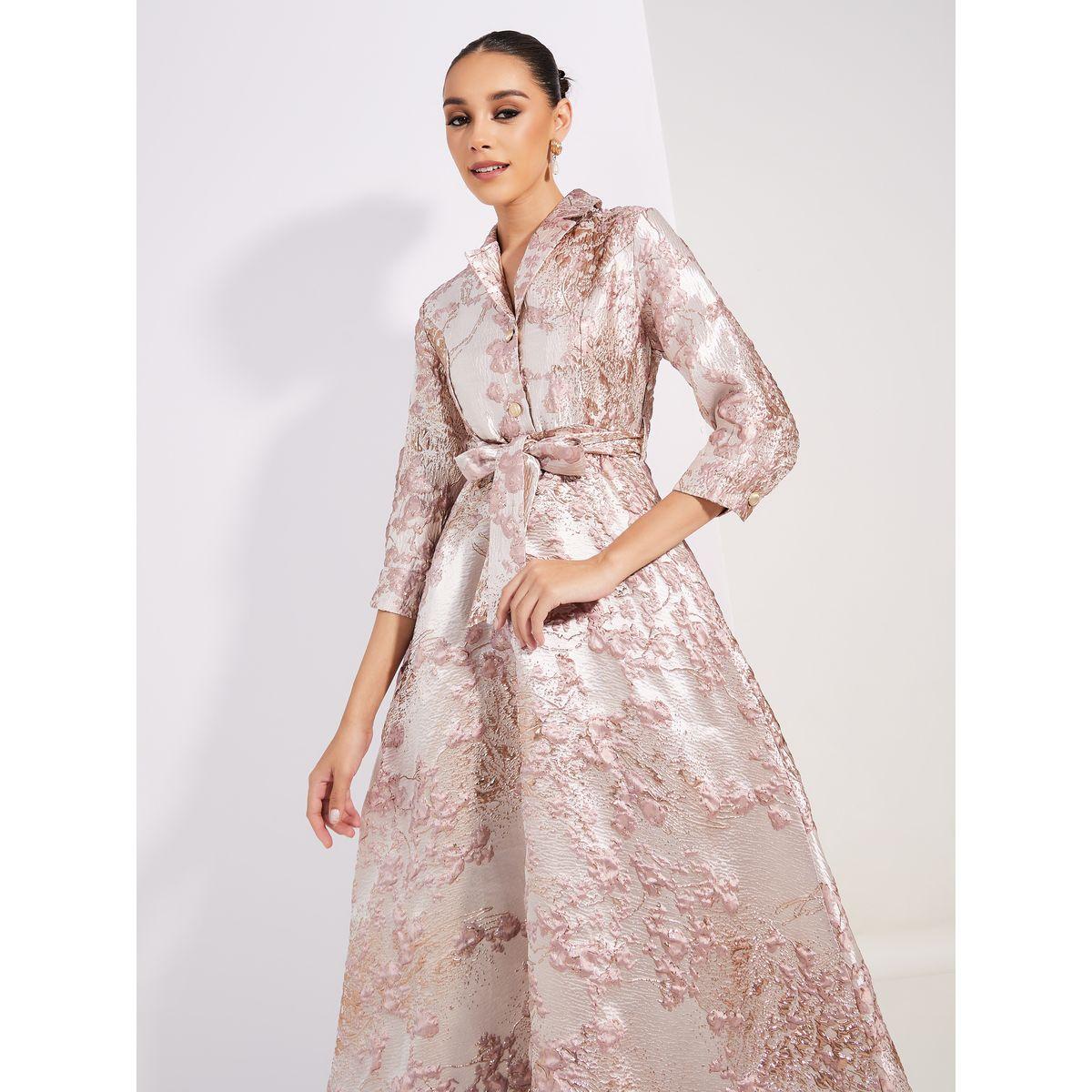 Styli Limited Jacquard A-Line Maxi Dress with Tie Belt-women-clothing-dresses-image-2