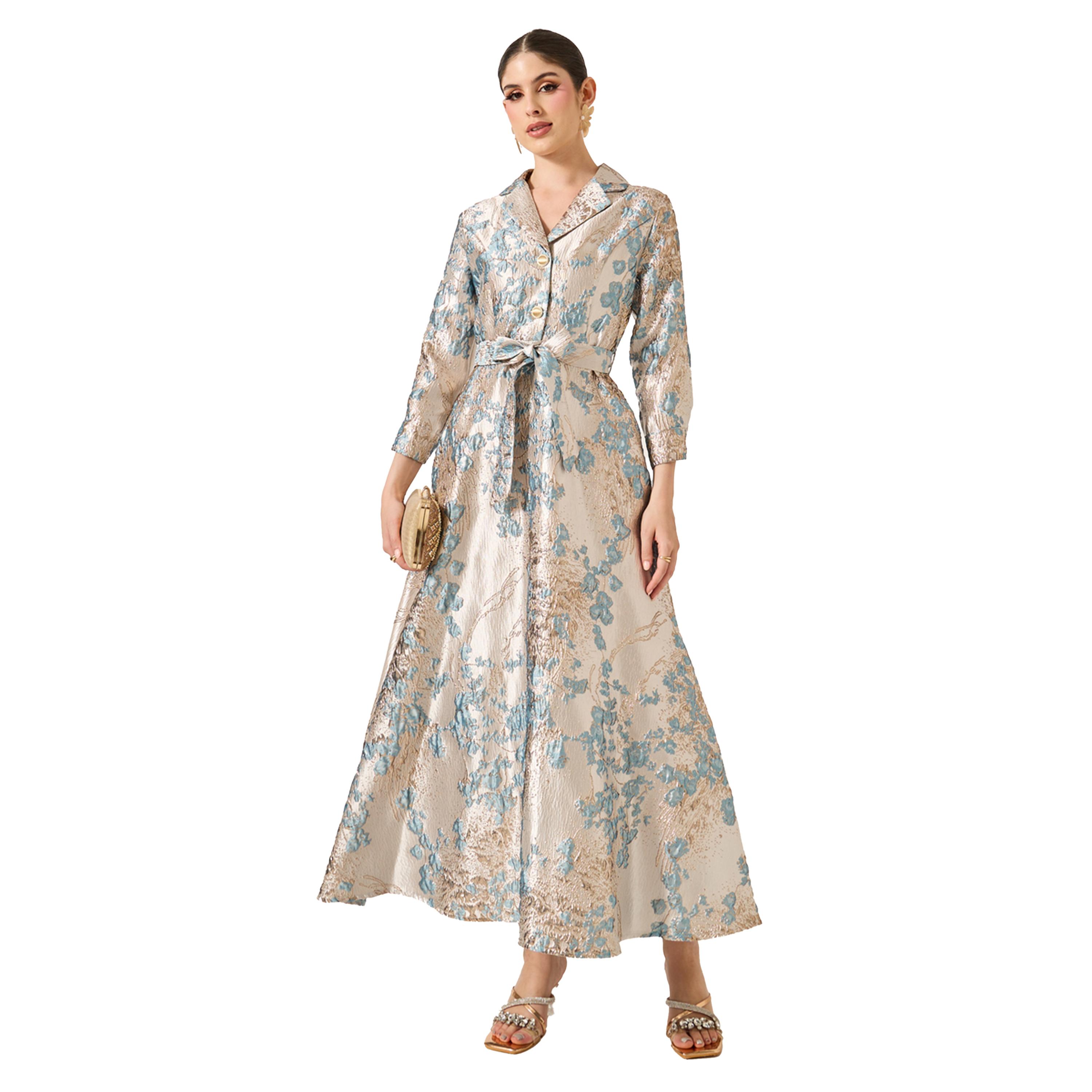 Styli Jacquard A-Line Maxi Dress with Tie Belt-women-clothing-dresses-image-1