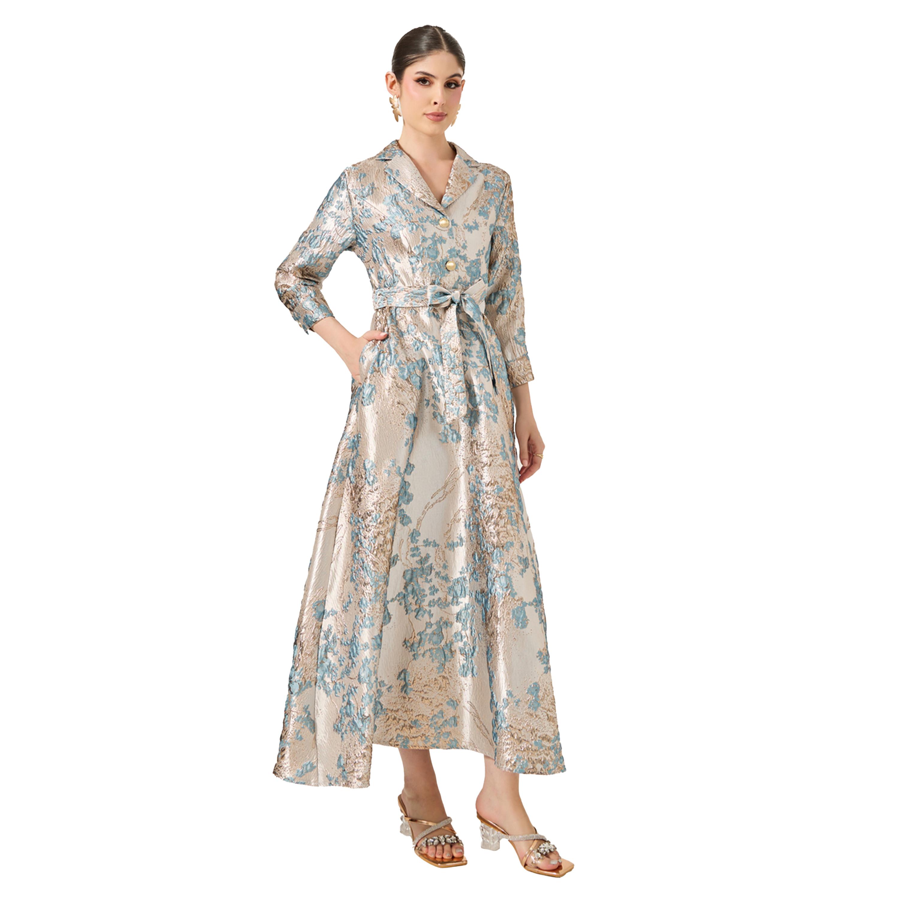 ستايلي - فستان ماكسي جاكار بقصّة A مع حزام ربط-women-clothing-dresses-image-2