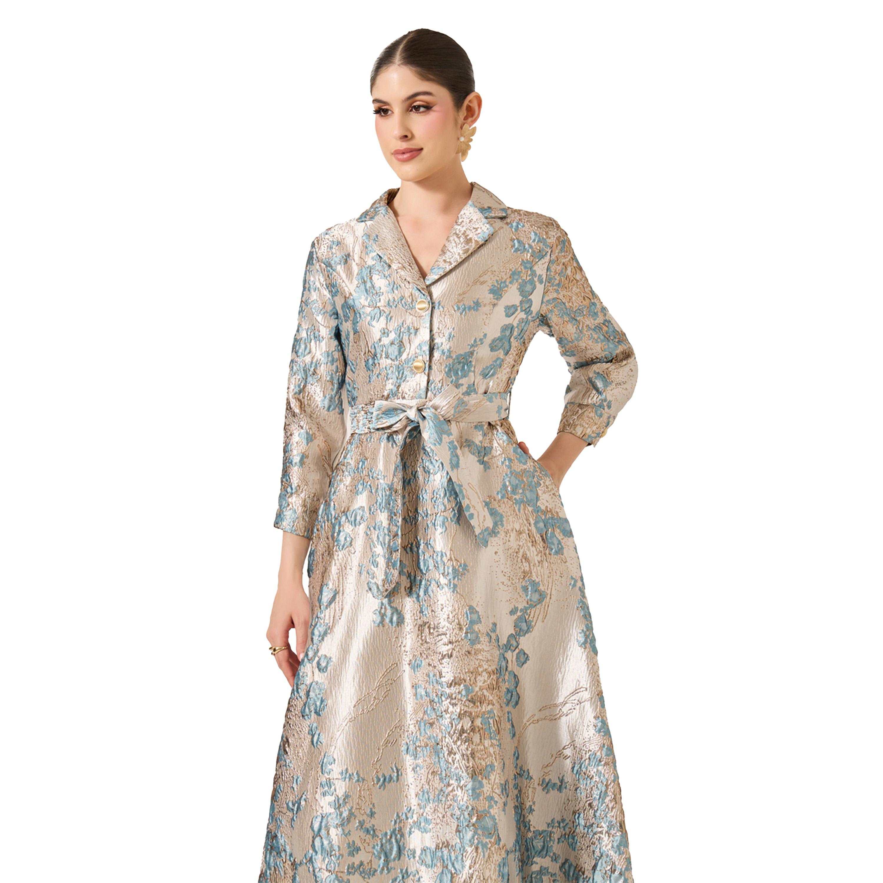 Styli Jacquard A-Line Maxi Dress with Tie Belt-women-clothing-dresses-image-3