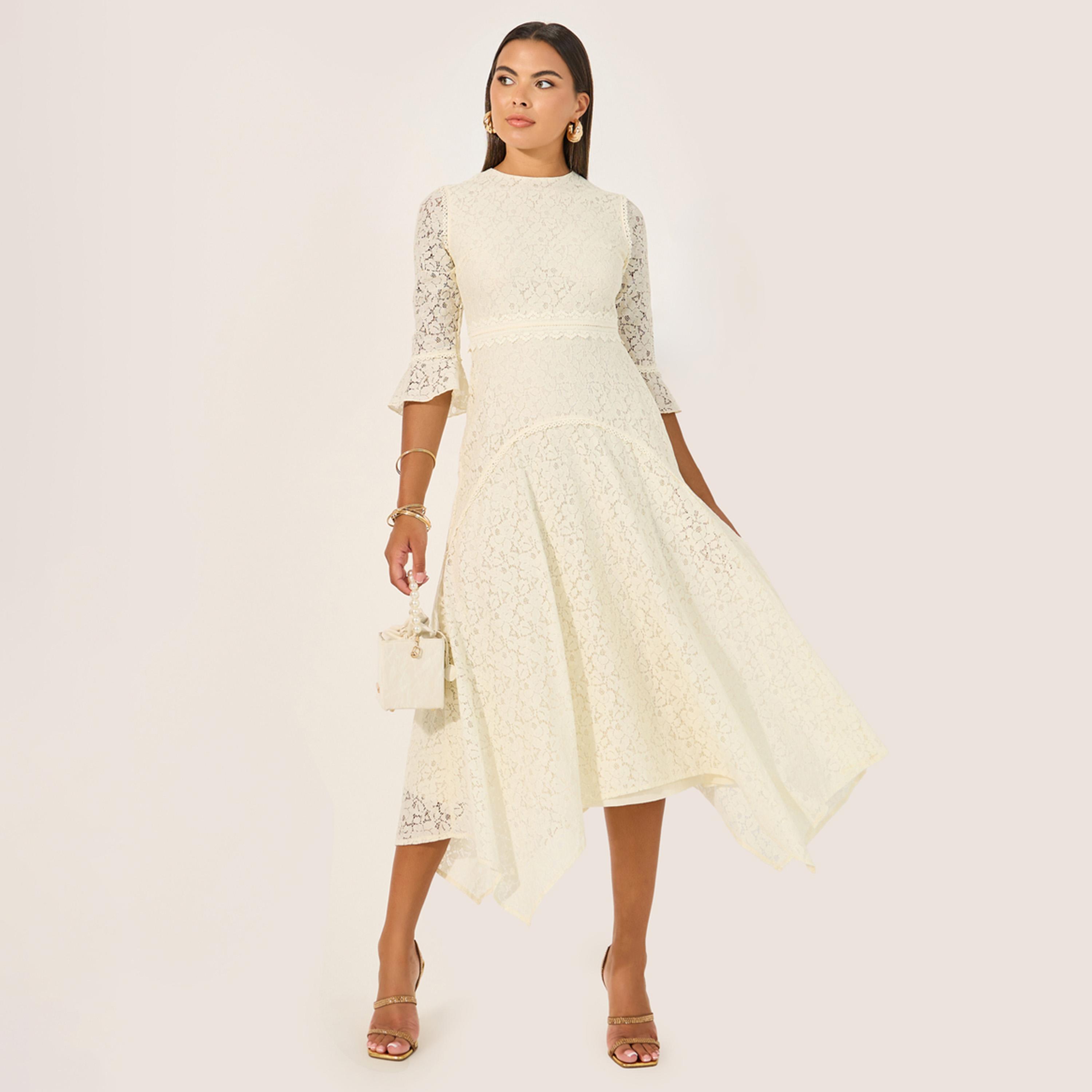ستايلي - فستان متوسط الطول بياقة عالية وحافة غير متماثلة وتفاصيل دانتيل-women-clothing-dresses-image-1