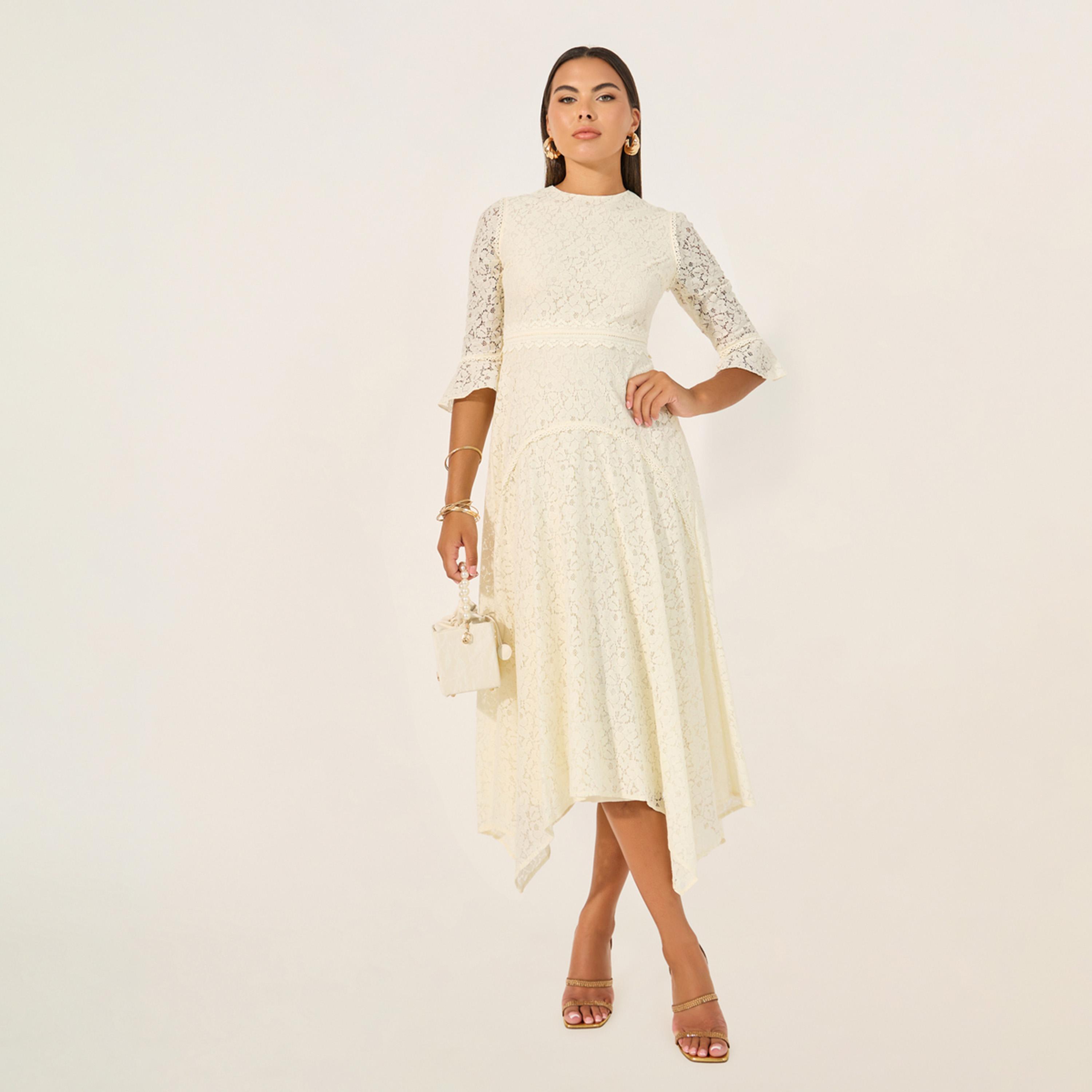 ستايلي - فستان متوسط الطول بياقة عالية وحافة غير متماثلة وتفاصيل دانتيل-women-clothing-dresses-image-2