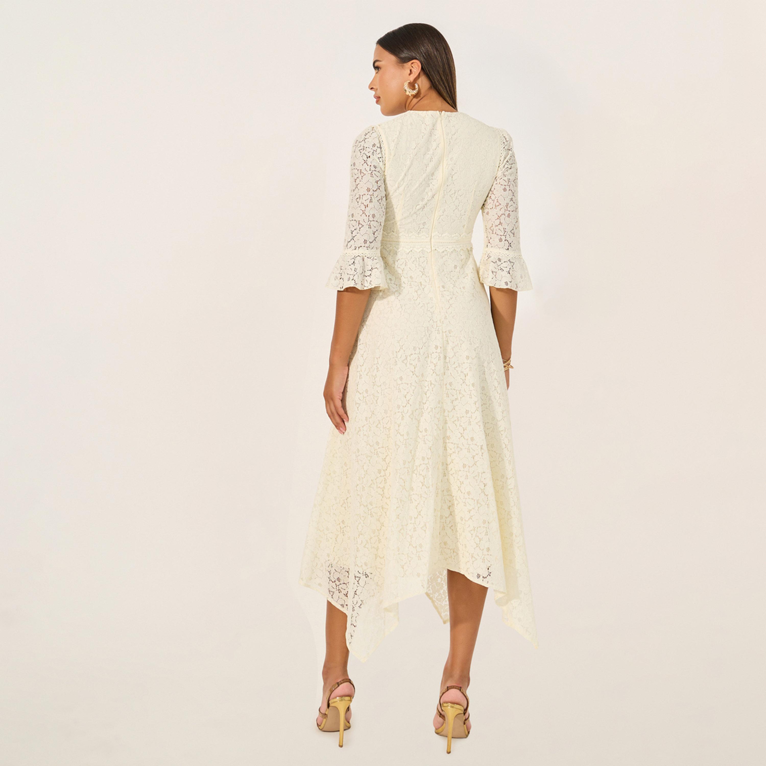 ستايلي - فستان متوسط الطول بياقة عالية وحافة غير متماثلة وتفاصيل دانتيل-women-clothing-dresses-image-5